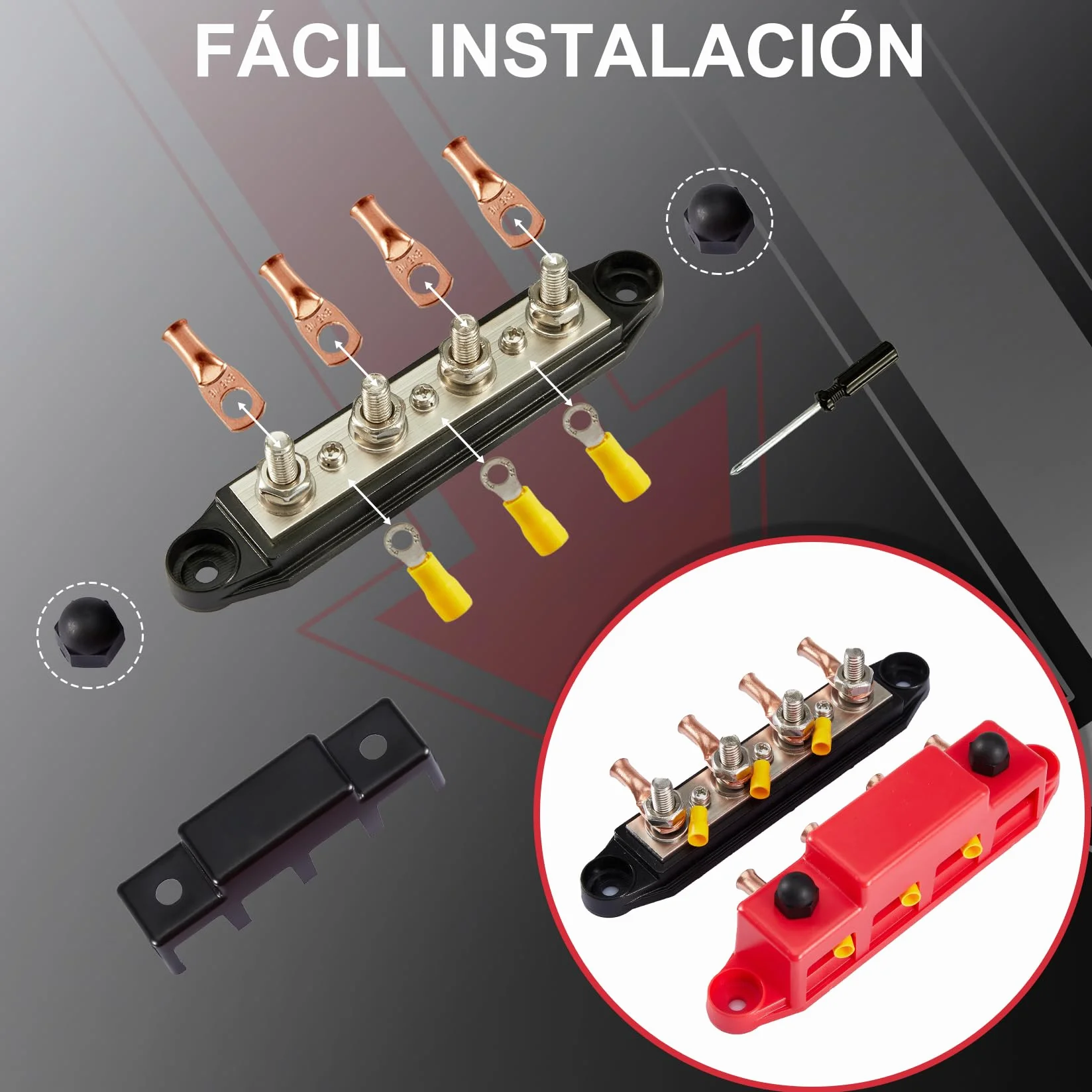 Pindex Bloque Colector M8 250 A CC 12 V-48 V Con 4 Pernos de Terminales M8, Bloque de Distribución de Corriente M8, Barra Colectora de 12 V para Autocaravanas Barcos Yates Coche RV Camión