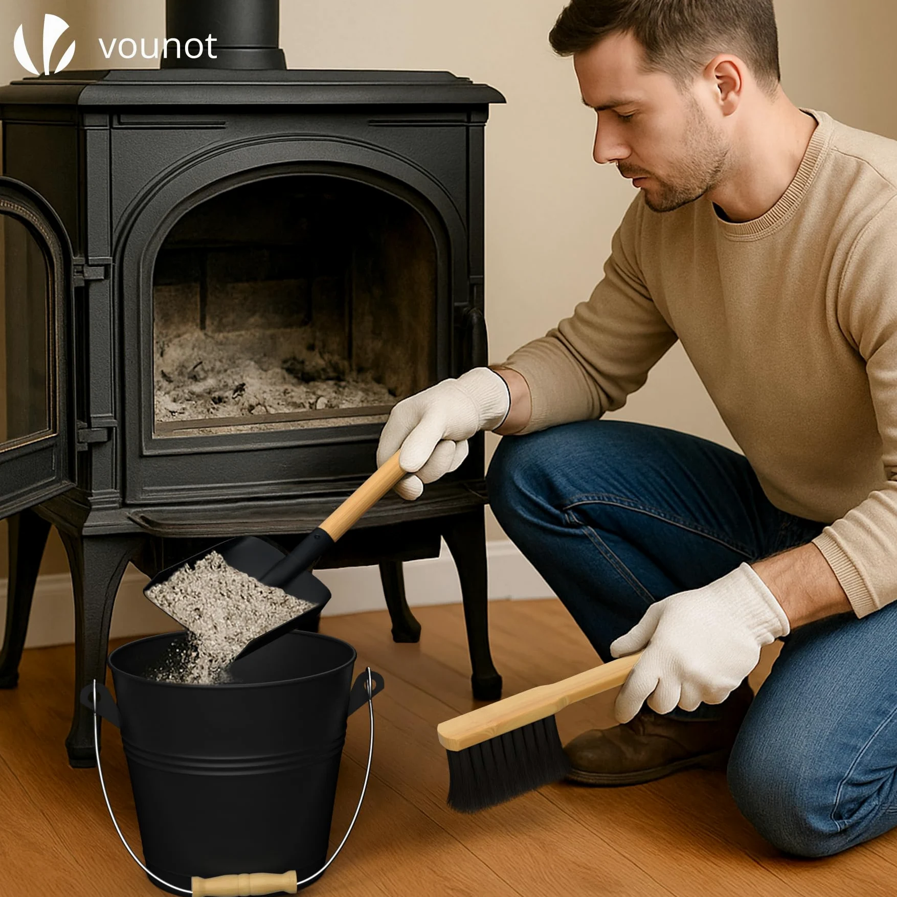 VOUNOT® Cubo Cenizas con Tapa y Set Barrido 5L Contenedor Ceniza con Asa, Pala y Escoba de Mano, Accesorios para Chimenea Estufa, Recipiente con Asas para Carbón y Restos de Leña, Metálico, Negro