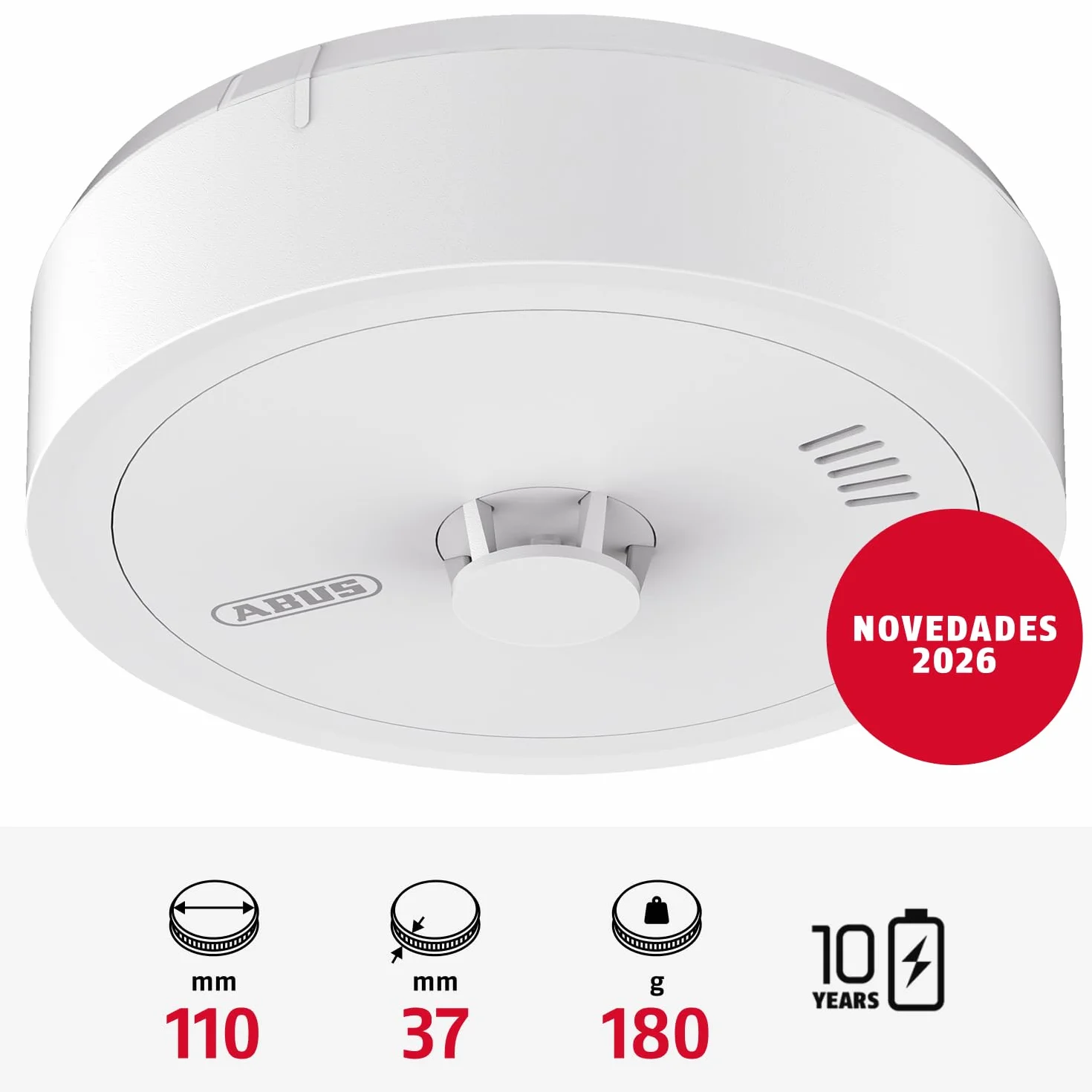 ABUS Prevaro 10 - Detector de Calor Certificado para Cocina, Baño, Garaje y Sótano - con Batería de 10 Años, Autotest Automático y Gran Botón de Prueba
