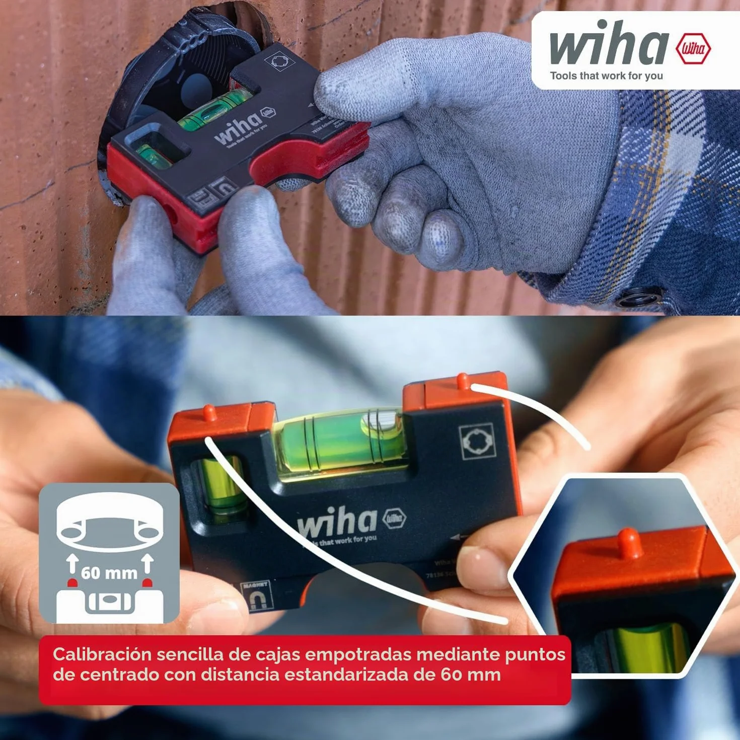 Wiha Mini nivel de burbuja Pocket I 10 cm con imán I Herramienta electricista para enchufe I Nivel horizontal de 4 anillas + nivel vertical para una alineación precisa I Nivel magnético (46957)