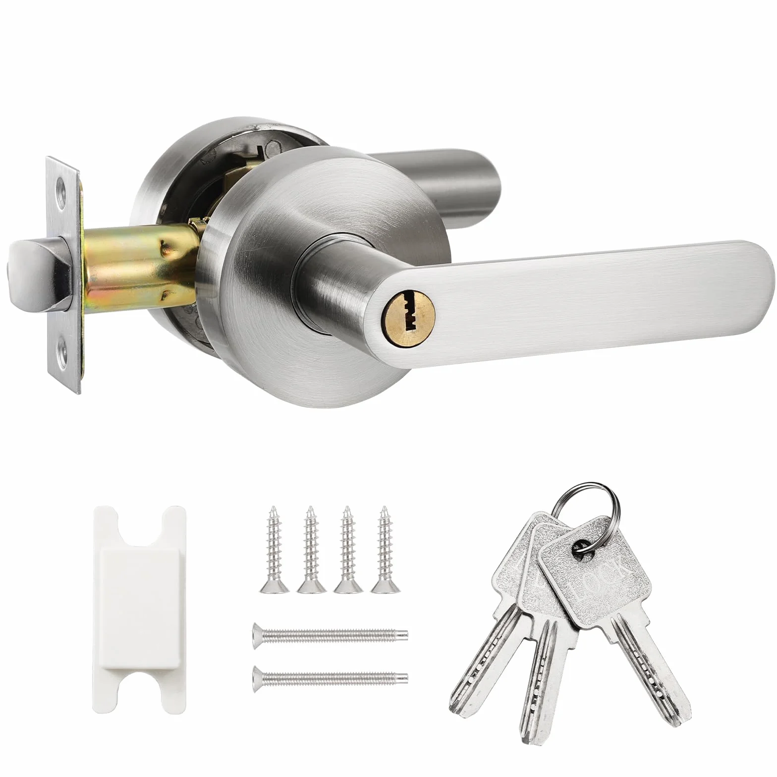 Manija con Cerradura de Llave, Manija de Puerta con Cerradura y Llave, Juego de Manillas de Entrada, Manija para Puertas de Paso, Cerradura de Palanca de Puerta para Dormitorio, Baño (Plata)