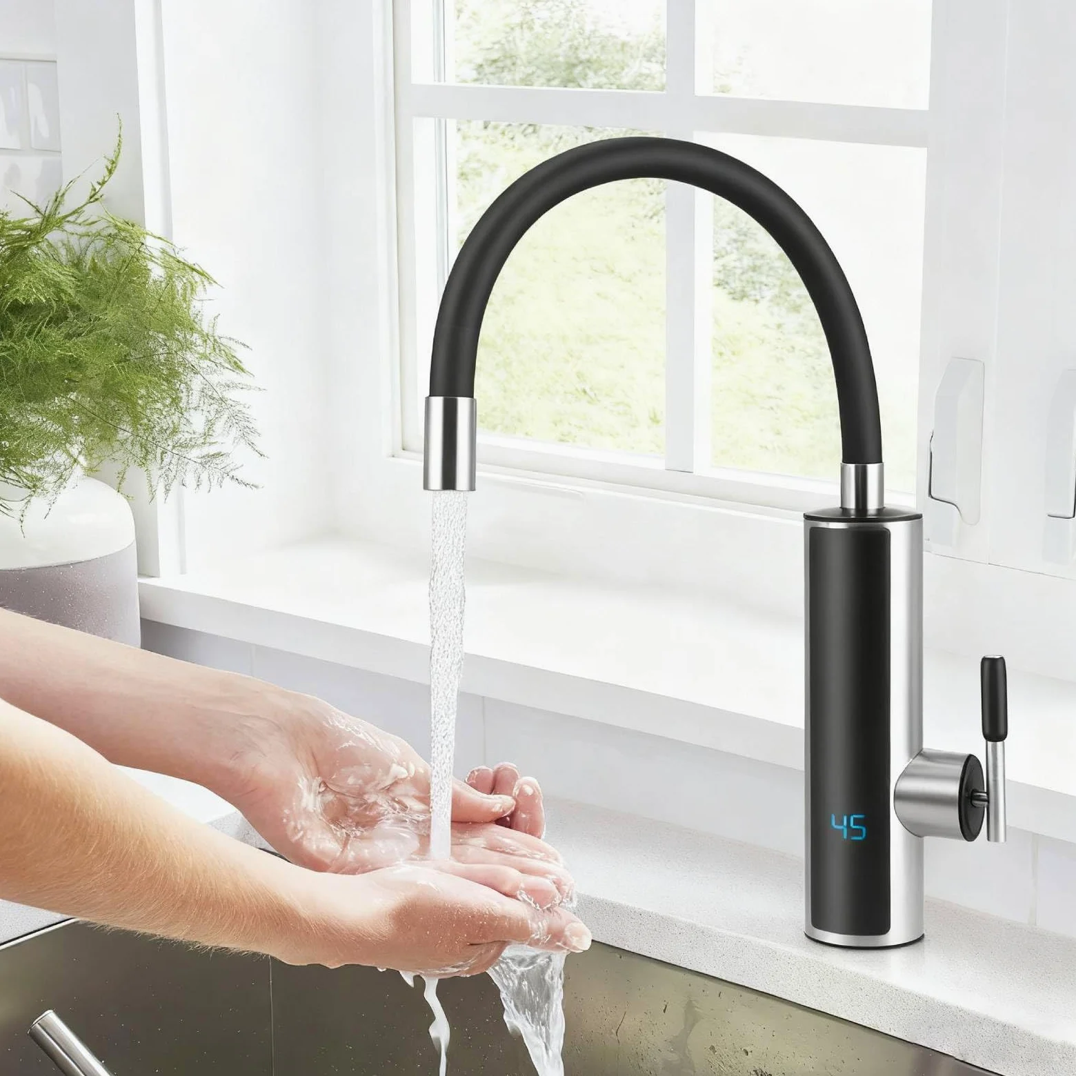 Calentador de agua para cocina, grifo eléctrico de 3000 W, grifo de manguera de silicona giratorio 360º, grifo de calefacción rápida, grifo de cocina caliente instantáneo con pantalla LCD de