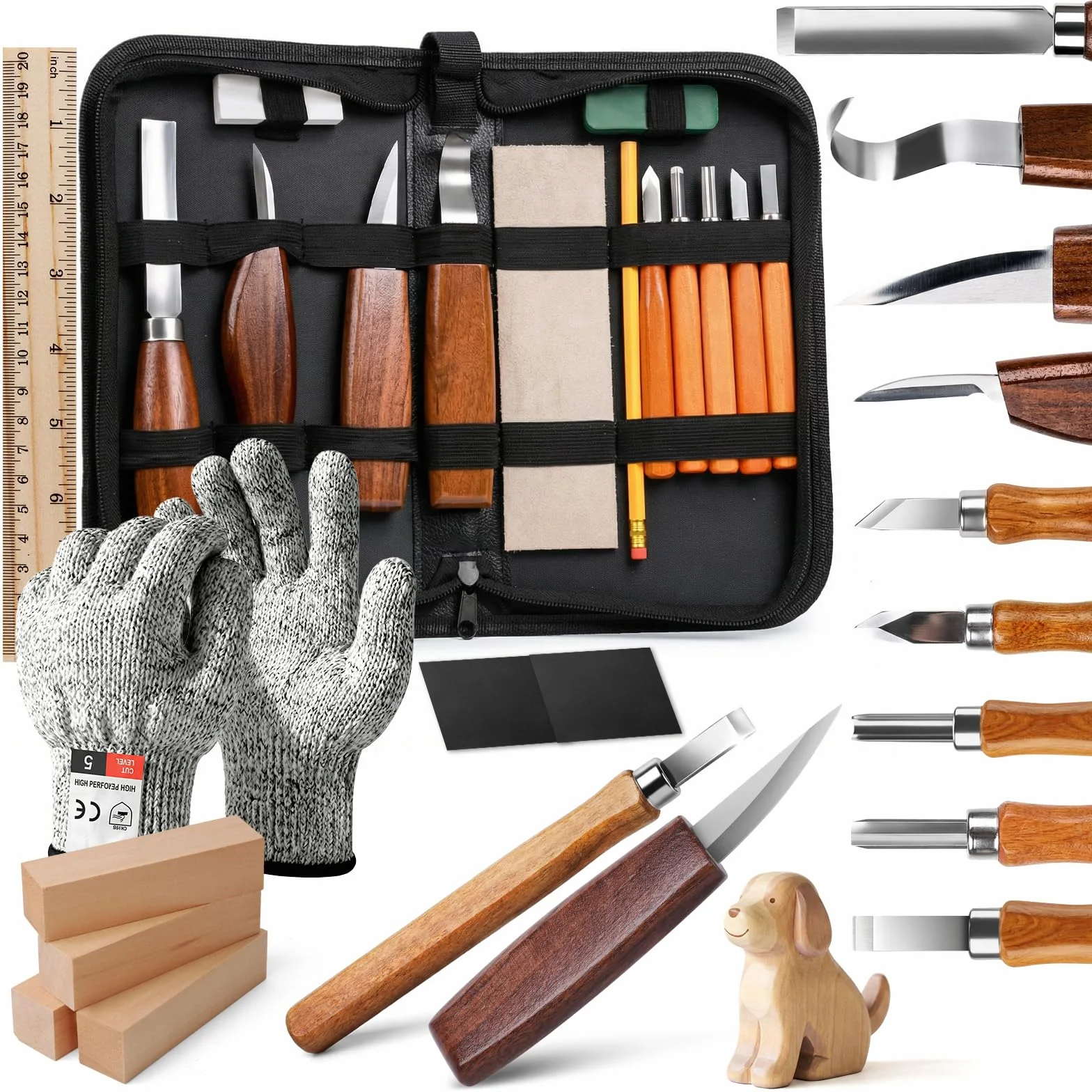 Formones para Madera, 23 PCS Kit Cuchillos para Tallar Madera De Detalles con Cuchillos, Gubias, Bloques, Guantes, bloquear y Bolsa de Almacenamiento, para Principiante, Adultos, Niños