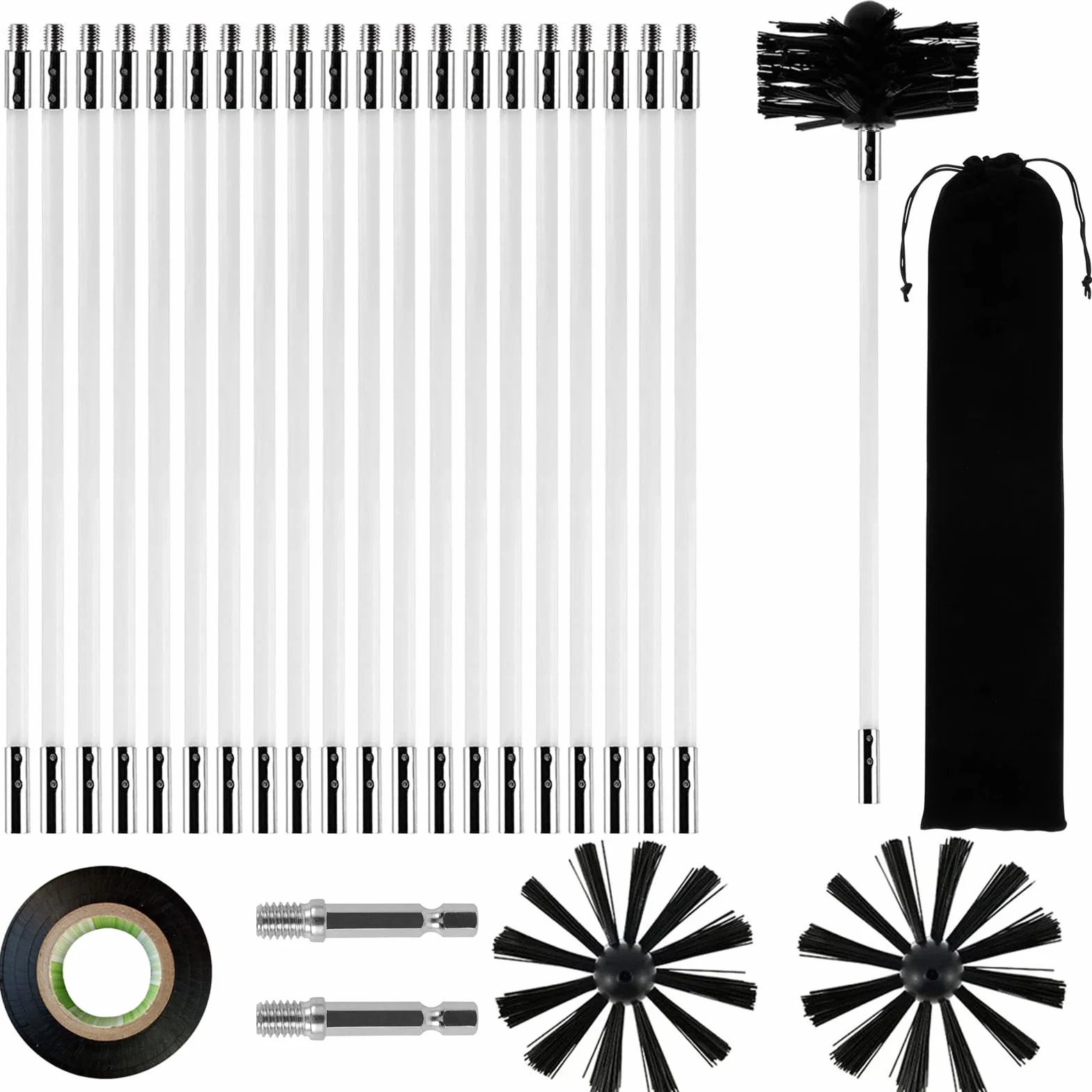 24 Piezas Cepillo De Chimenea Kit,Cepillo Limpieza Chimenea,Kit de Cepillo Limpieza Chimenea,Cepillo para Limpiar Chimeneas Incluye 20 varillas, 2 cabezales, 1 conector y 1 bolsa de almacenamiento