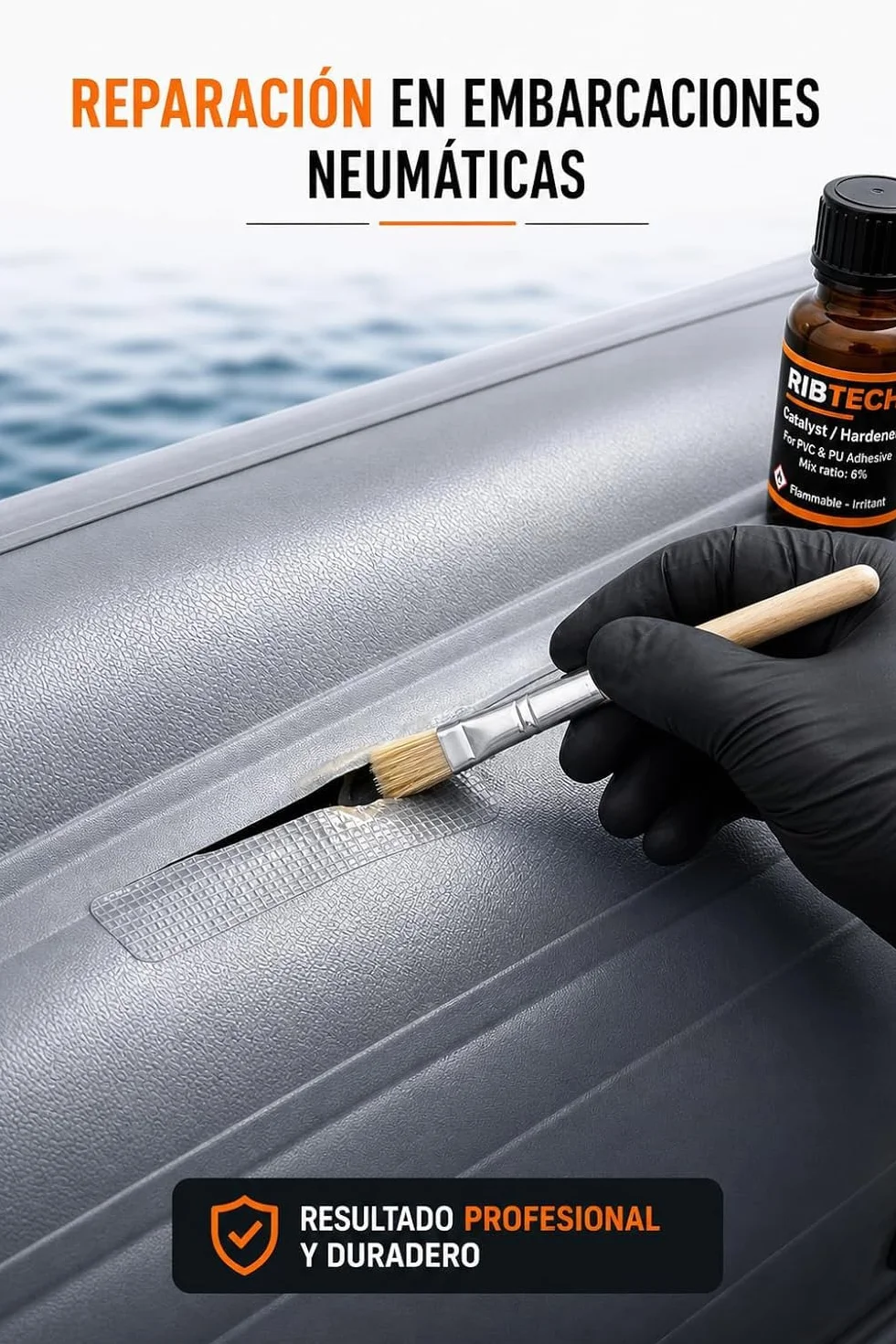 Kit Reparación PVC Profesional – Pegamento PVC 2 Componentes para Zodiac, Paddle Surf, Kayak y Hinchables – Incluye Parches, Pincel, Vaso, Guantes y Toallita (125ml)