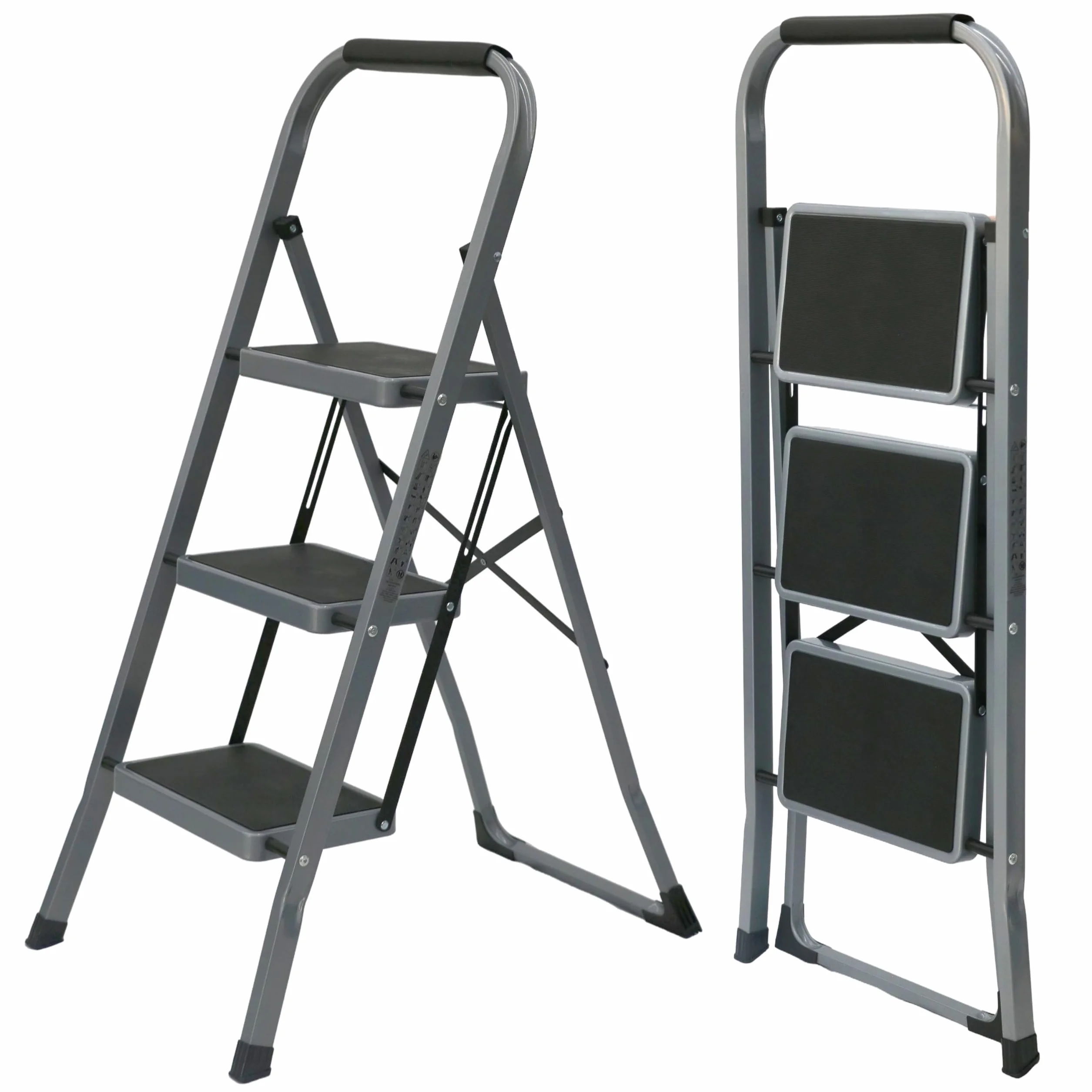 UZIRO Escalera Plegable 3 Peldaños -Estructura de Acero y Peldaño Antideslizante - Asa Superior de Goma - Escaleras Plegables Domésticas - Step Ladder para Hogar (Gris, 3 Peldaños)