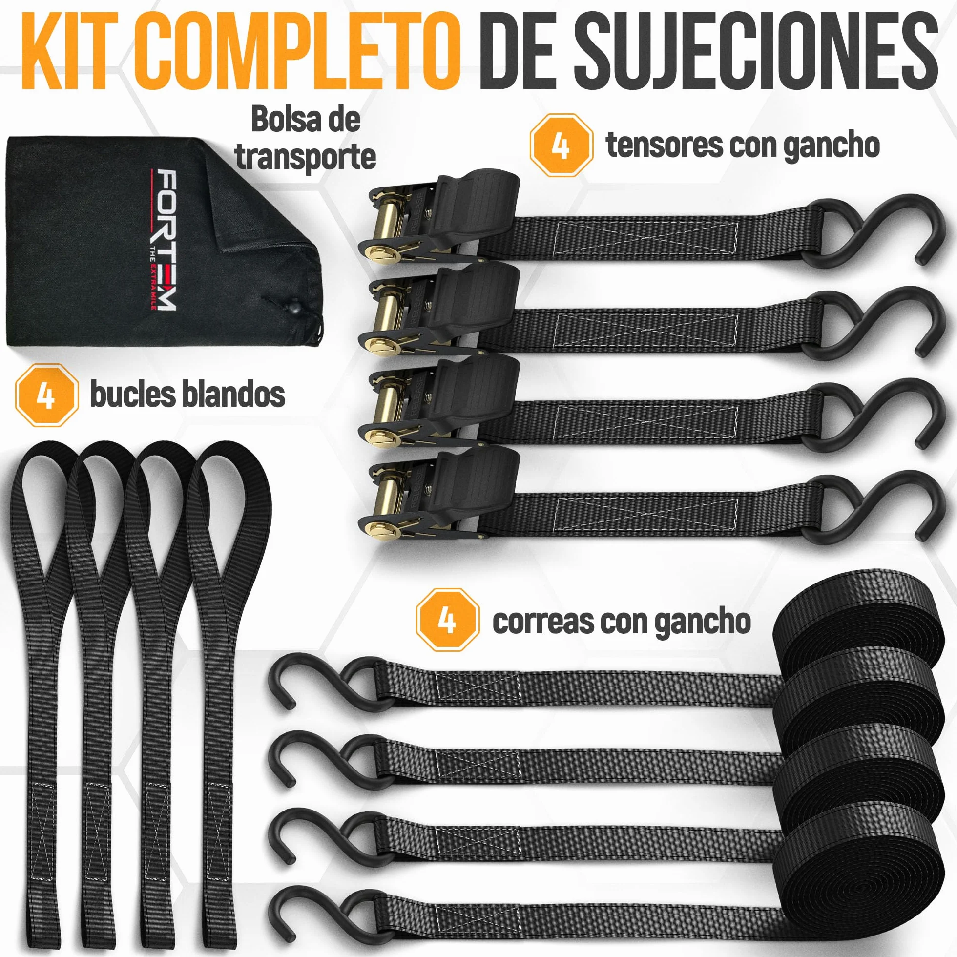 FORTEM Set de Correas de Amarre con Tensor de Trinquete, Resistencia 249 kg de Carga, 748 kg al Rompimiento, 4 Ganchos de Acero Plastificado, 4 Correas de 4.5m, 4 Hebillas (Negro)