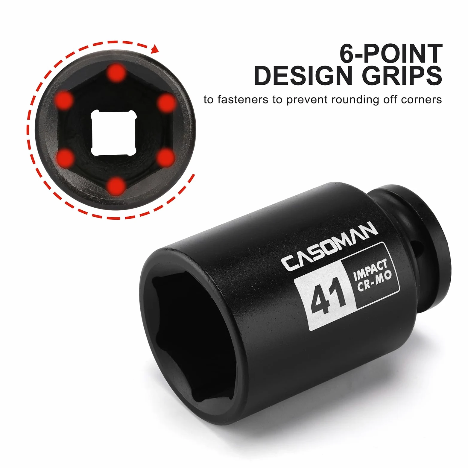 CASOMAN Enchufe de impacto profundo de 3/4 pulgadas, 41 mm, vaso de impacto jumbo, métrico, 6 puntos, CR-MO, acabado de fosfato negro