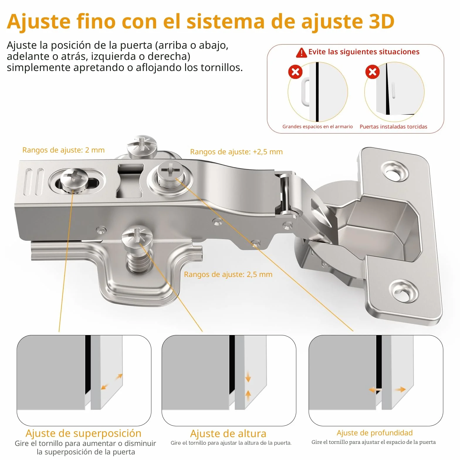 Furniware 2 bisagras ocultas 3D cierre suave ángulo 45°-105° autocierre níquel satinado Clip-On acero inoxidable para puertas armario
