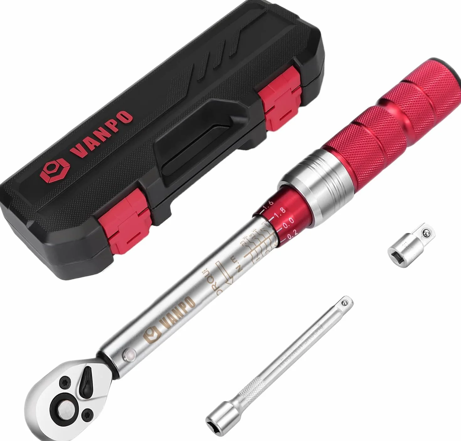 VANPO Llave Dinamométrica 1/4", Llave de Torque 3-25 Nm, Alta Precisión de ±3% con Cabezal Reversible de 72T, Barra de Extensión de 10cm, 3/8" Adaptador para Bicicleta de Carretera y Montaña, Moto