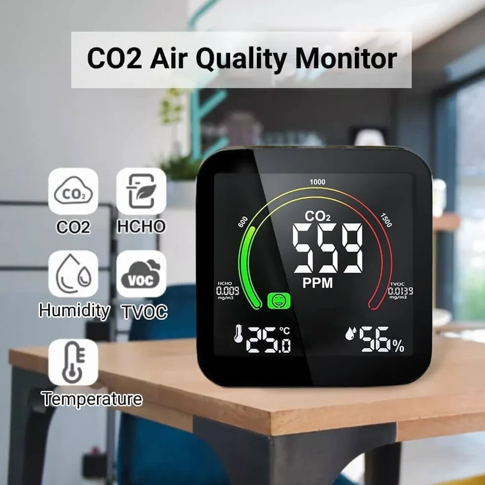 Medidor CO2 Detector CO2 Gas, 5 en 1 Detector de CO2 con Pantalla LED Medidor de Humedad y Temperatura TVOC HCHO Dormitorio Oficina Coche Multi
