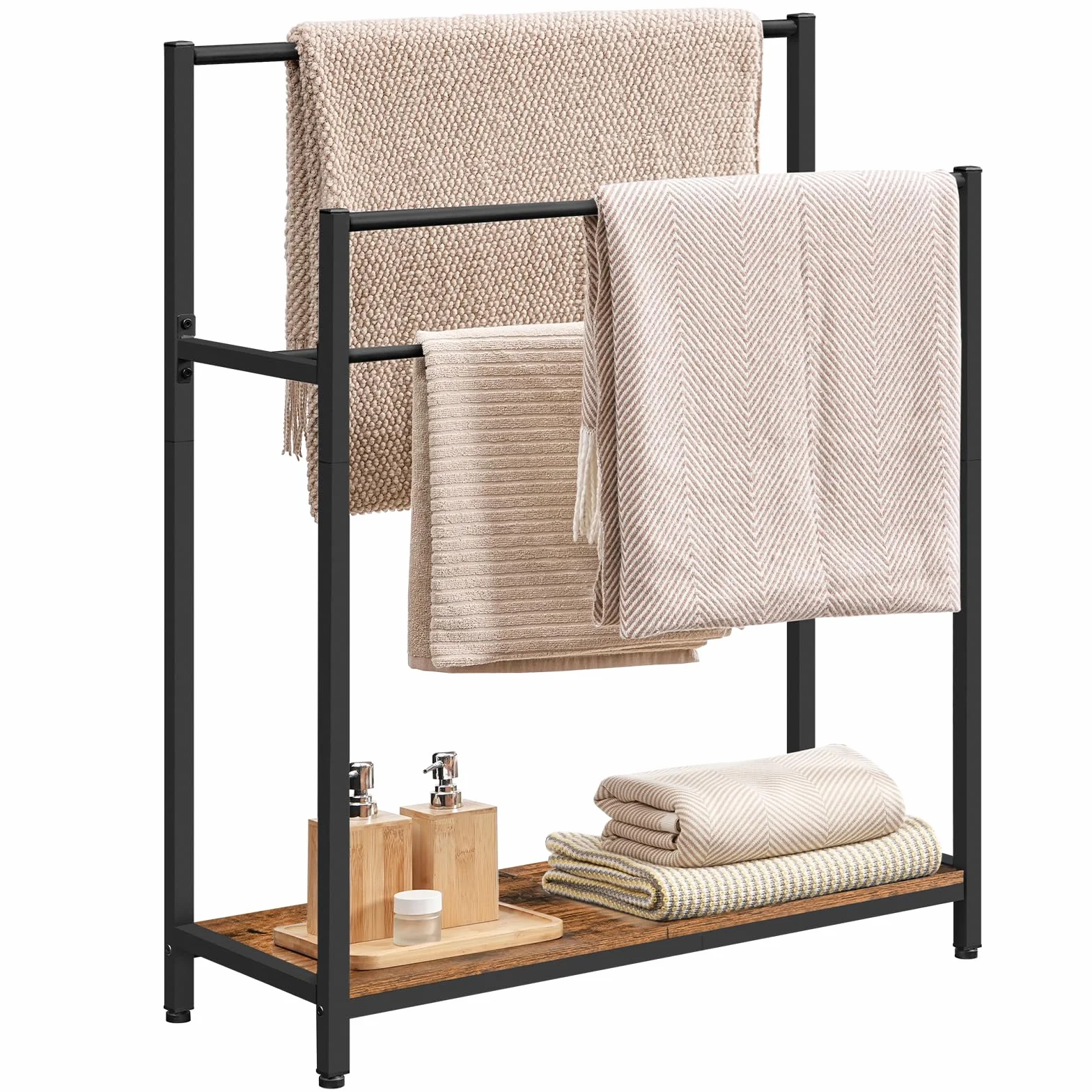 HOOBRO Toallero de Pie 3 Niveles, Soporte para Mantas con Estante, Baño, Exteriores, Negro y Marrón Vintage
