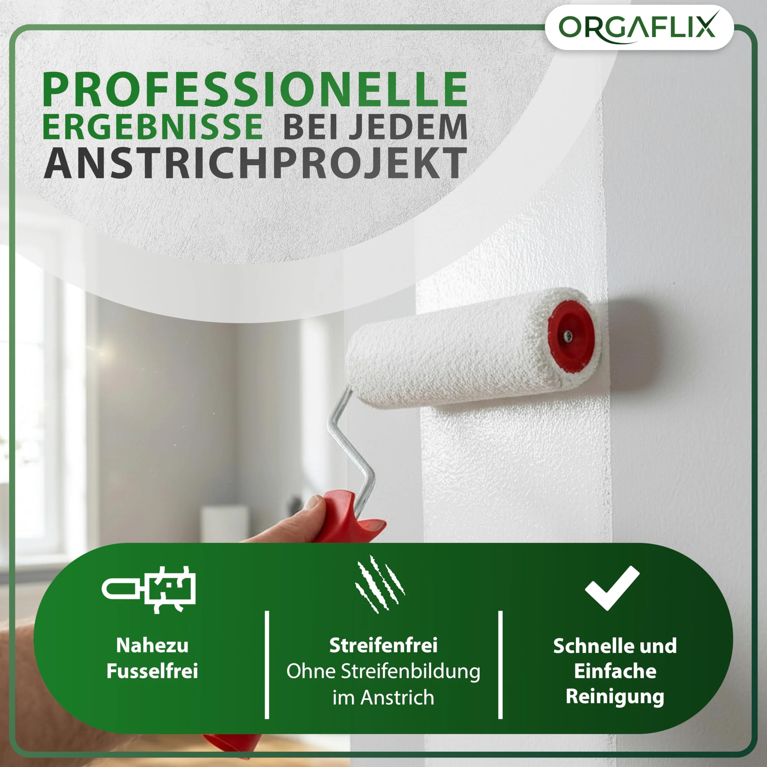 ORGAFLIX Rodillo de pintura profesional de 25 cm, 2 unidades, ideal para absorción y dispensación de color, altura de pelo aprox. 9 mm, núcleo de 48 mm, rodillo de pintura para pared, rodillo grande,