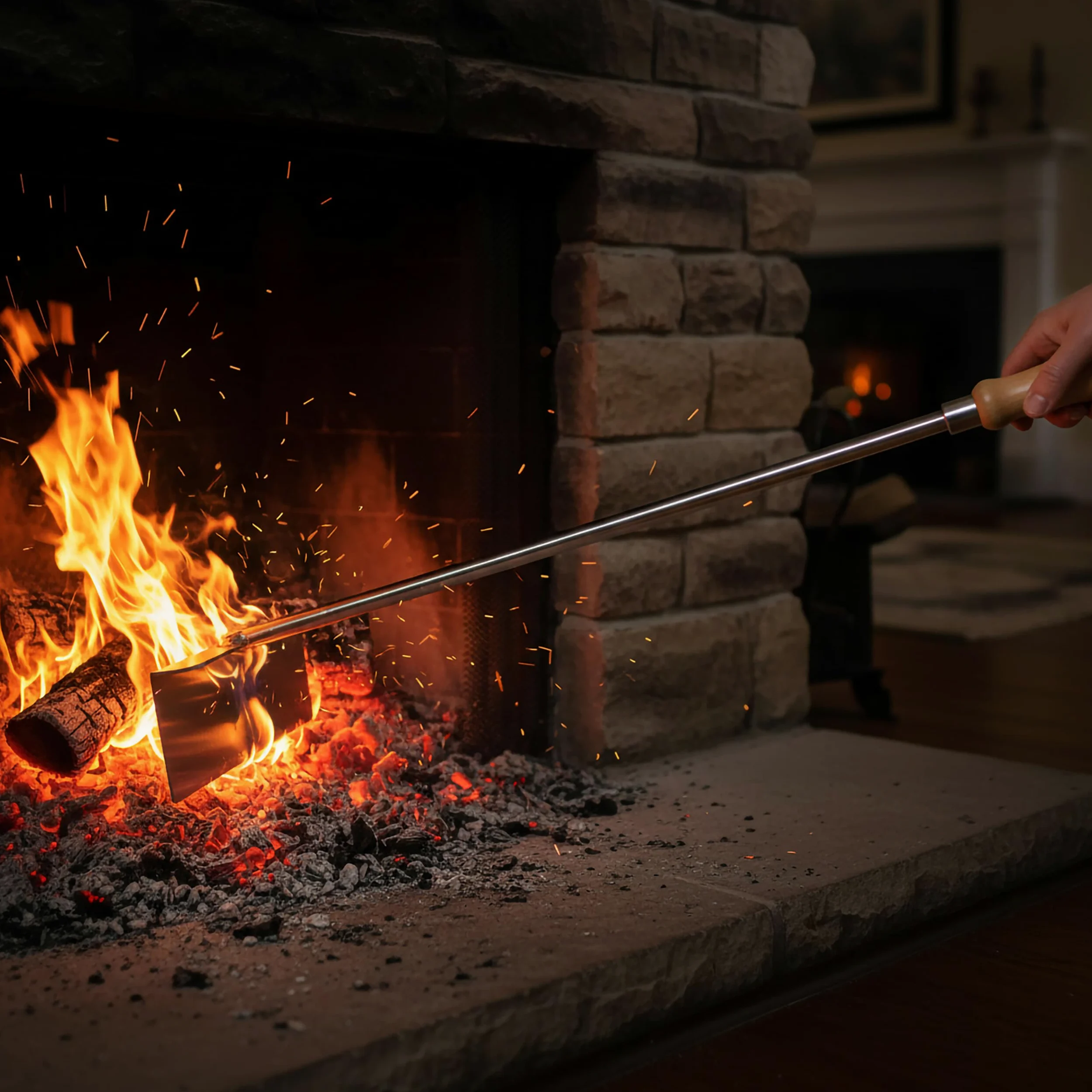 Rascador de Cenizas Relaxdays, Acero Inoxidable, Mango de Madera, 58,5 cm, Pala para chimeneas, Gancho para Cenizas.