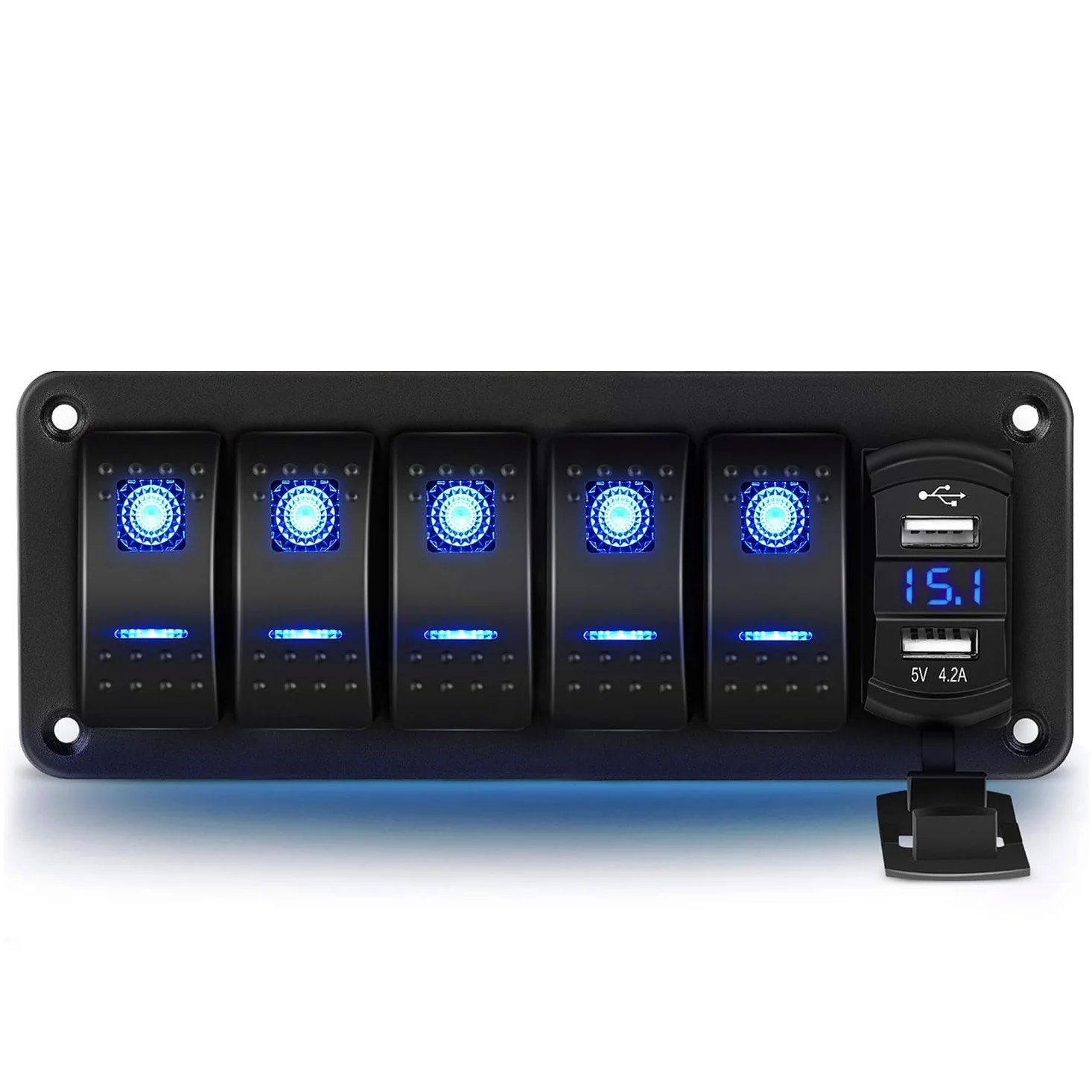 Greluma Panel de aluminio con 5 vías interruptor basculante,voltímetro y doble USB(4,2A),carga rápida,LED retroiluminado,precableado,IP65 resistente agua para uso marítimo,barco,coche y camión(azul)