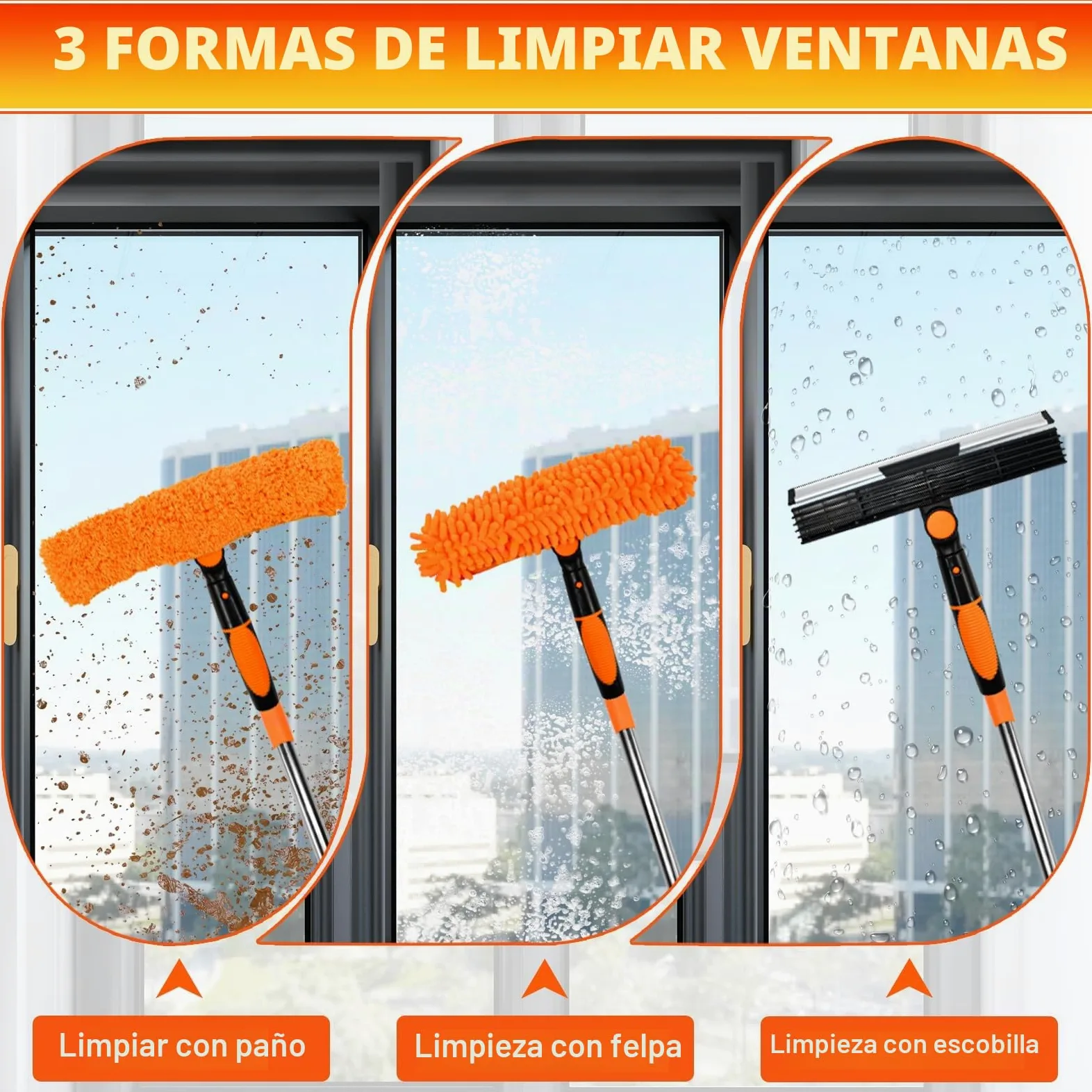 Limpiacristales con Mango Extensible de 24-450cm, Limpiador de Ventanas Telescópico con Escobilla de Silicona y Paños de Microfibra, Limpia Cristales con Mango Largo para Ventanas