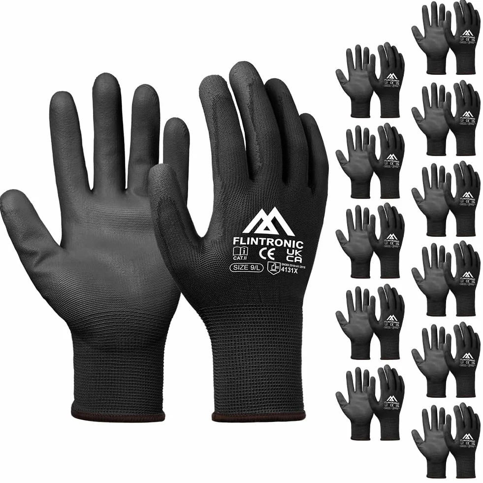 Flintronic Guantes de Trabajo Profesionales 12 Pares Recubrimiento Poliéster PU Negro L-9