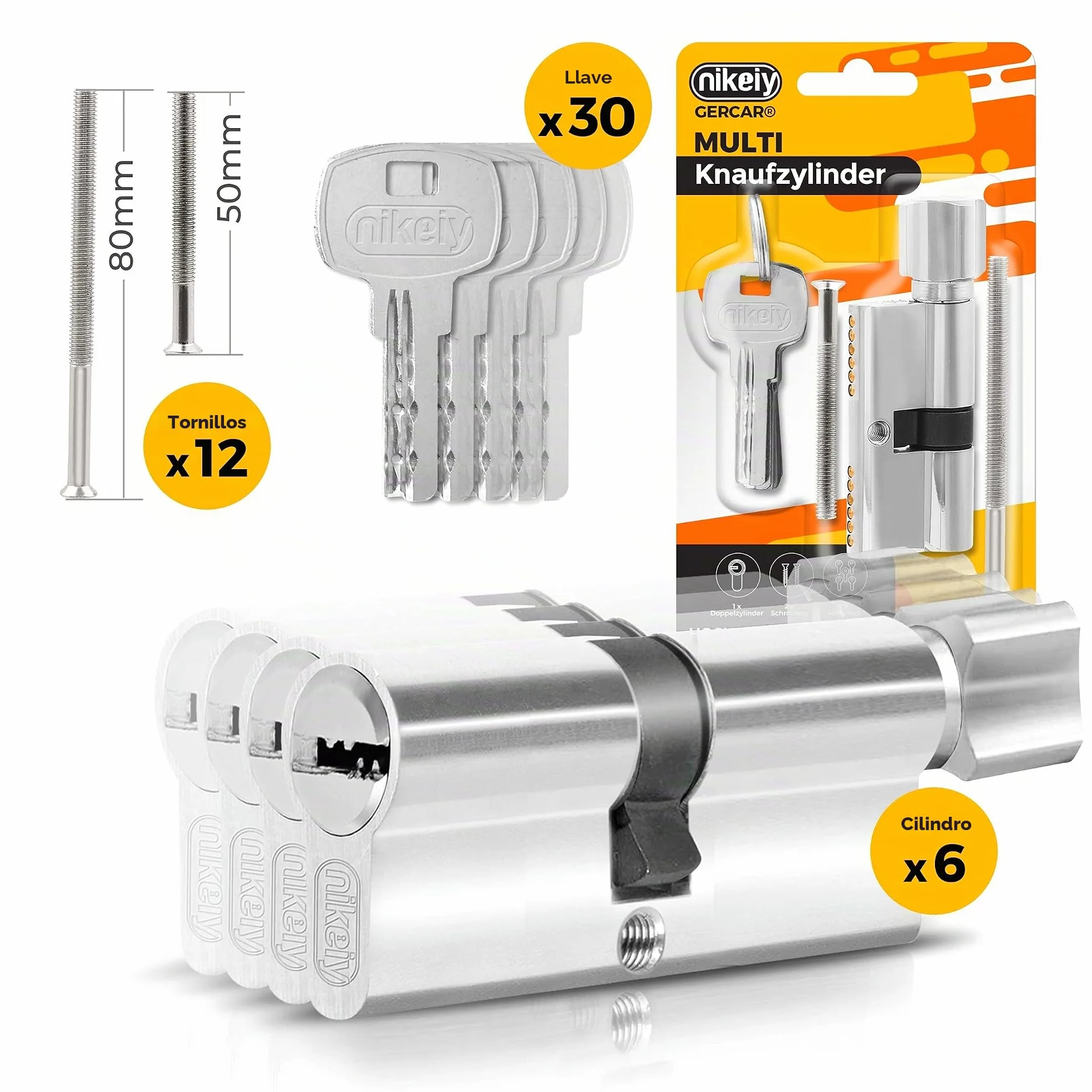 GERCAR 6 cilindros cilíndricos de cierre uniforme 35/35 incl. 30 llaves, cilindro de 70 mm, cerradura de puerta con función de emergencia y peligro, juego de 3 unidades de cierre uniforme – Longitud: