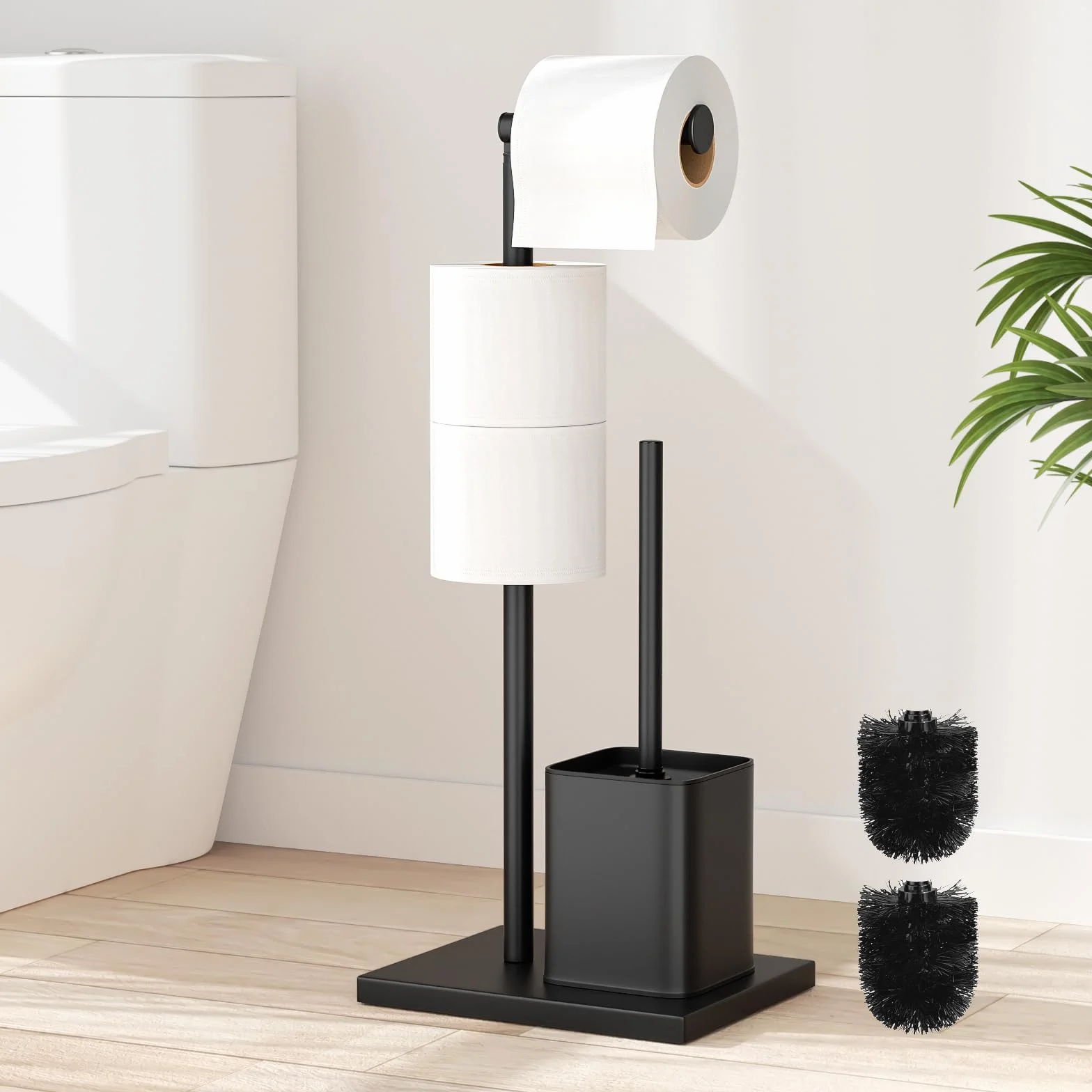 susswiff Portarrollos de Papel Higiénico de Pie con Escobillero, Soporte de Acero Inoxidable, sin Necesidad de Taladrar (Negro Mate)