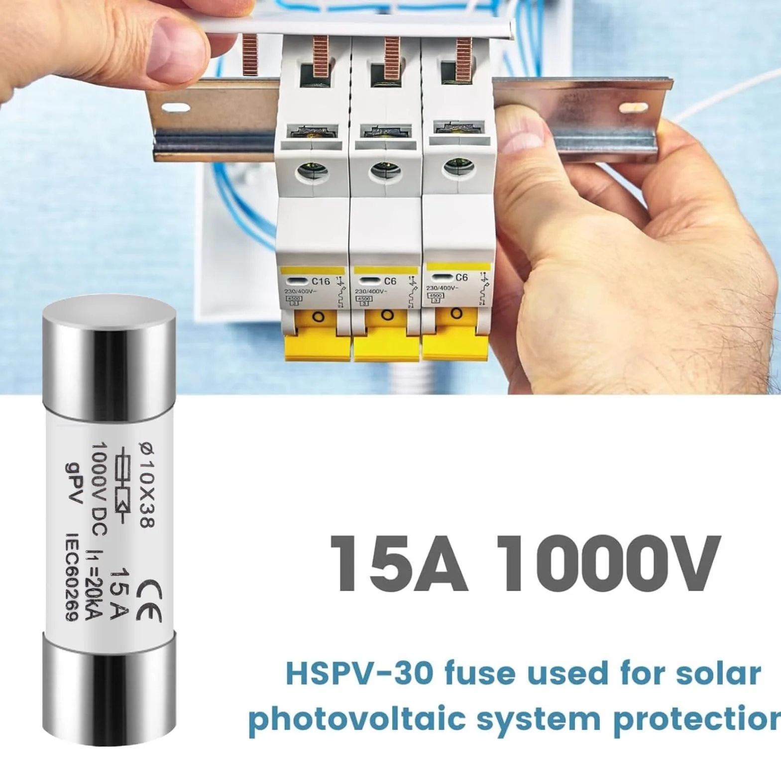 DEWIN Fusibles fotovoltaicos 10 Piezas 15 A 10X38 mm 1000 V DC para protección solar