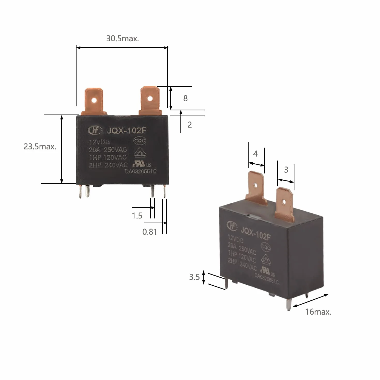 obqo JQX-102F-12VDC 20A 4PINS-Relé (2 unidades)