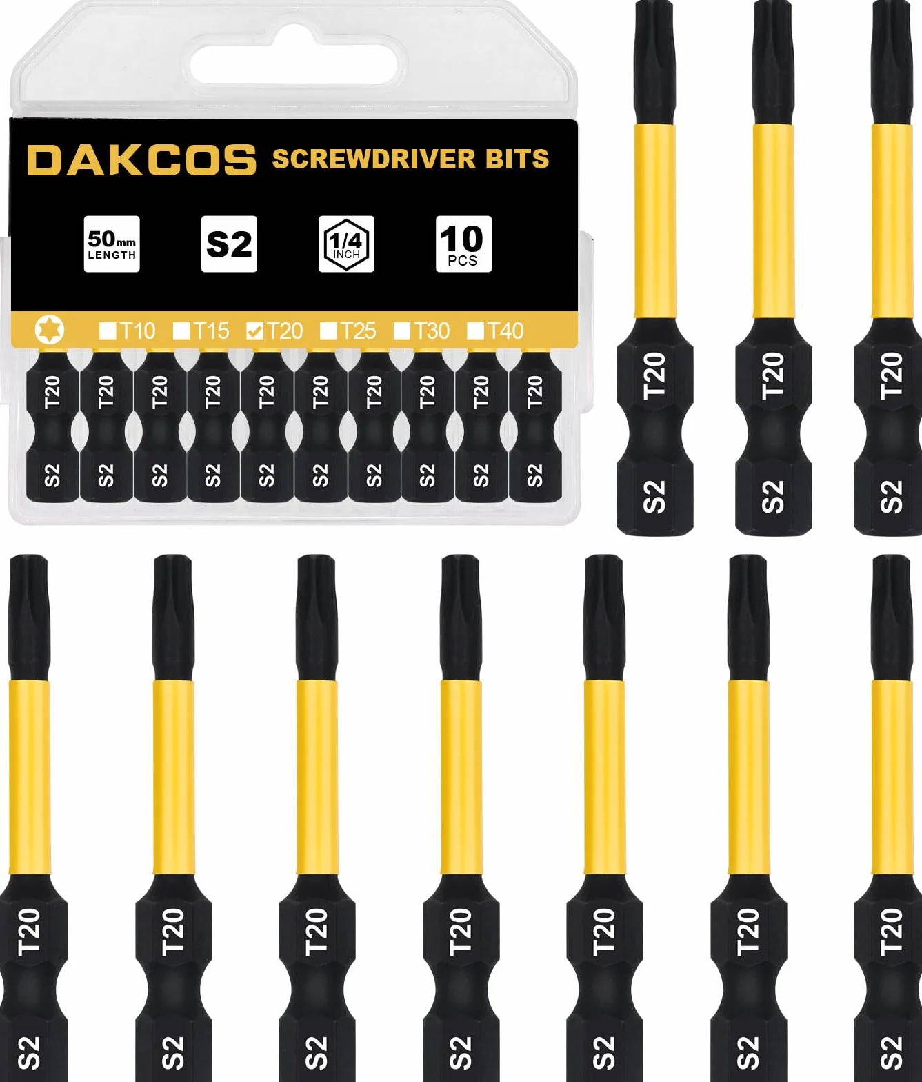 DAKCOS T20 Bit largo, Torx Bit T20, surtido de puntas de S2, punta de atornillado 1/4 vástago hexagonal (longitud 50 mm, 10 piezas)
