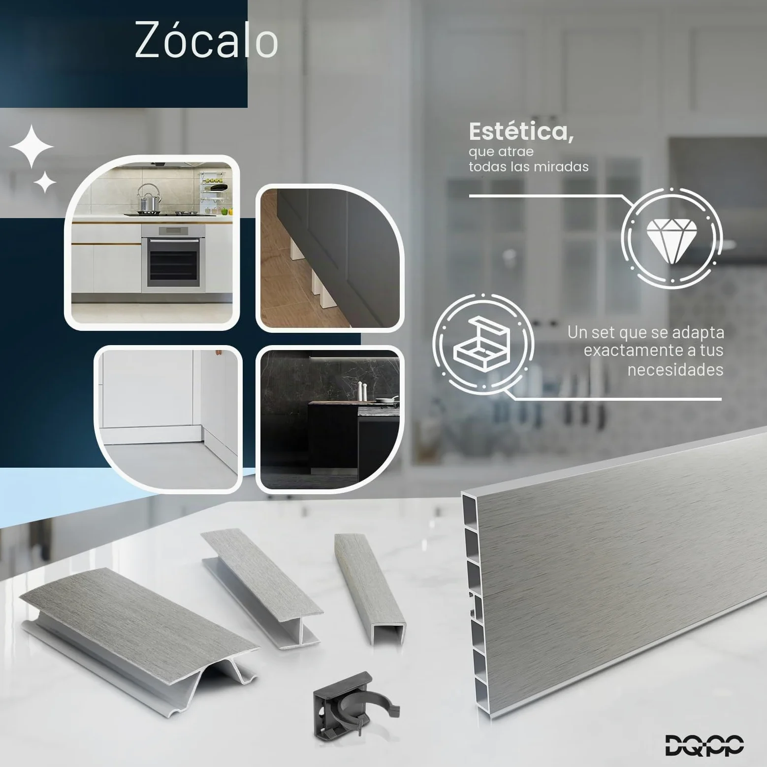 DQ-PP Zócalo de Aluminio Cepillado y Plástico para Cocina Empotrada - 1,5 m, 150 mm - Rodapiés y Perfil de Zócalo