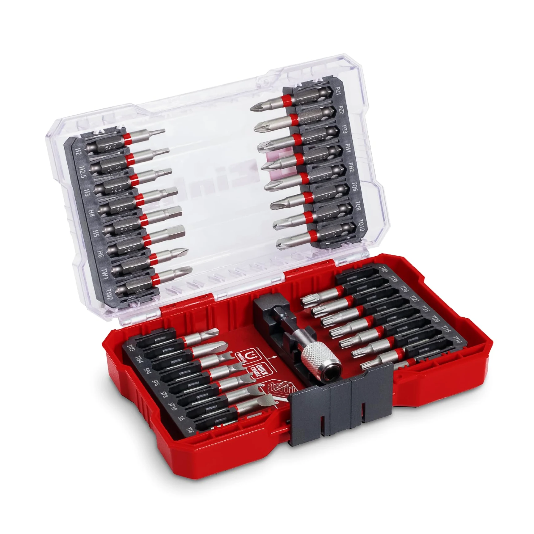 Original Einhell M-CASE de 33 piezas. Juego de puntas (para atornilladores a batería y taladradoras con puntas de 50 mm de acero S2, portapuntas de cambio rápido de acero al carbono incl.)