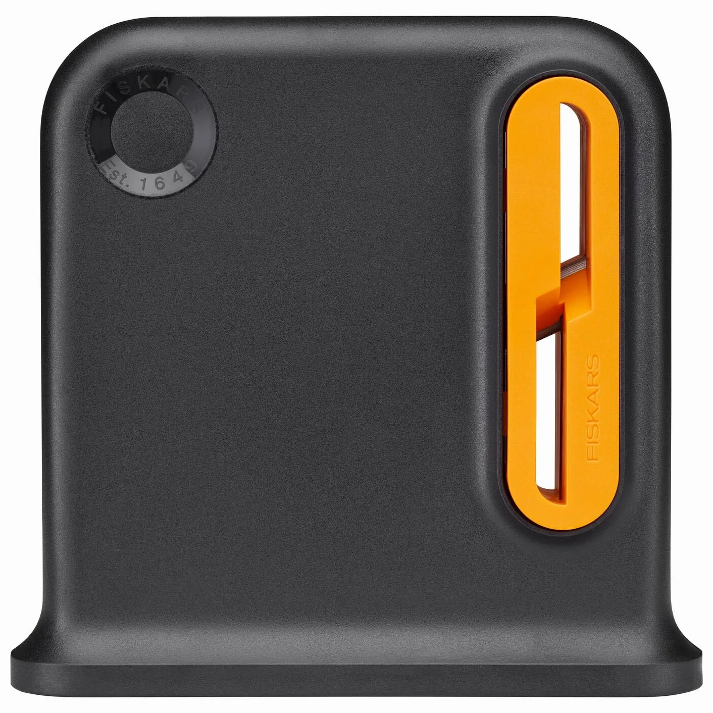 Fiskars Afilador de Tijeras, Idóneo Para Tijeras Multiusos Para Diestros, Diseño Ergonómico, Mínimo 55% de Material Reciclado, Carcasa de ABS Reciclado al 80%, Negro/Naranja, 1081129