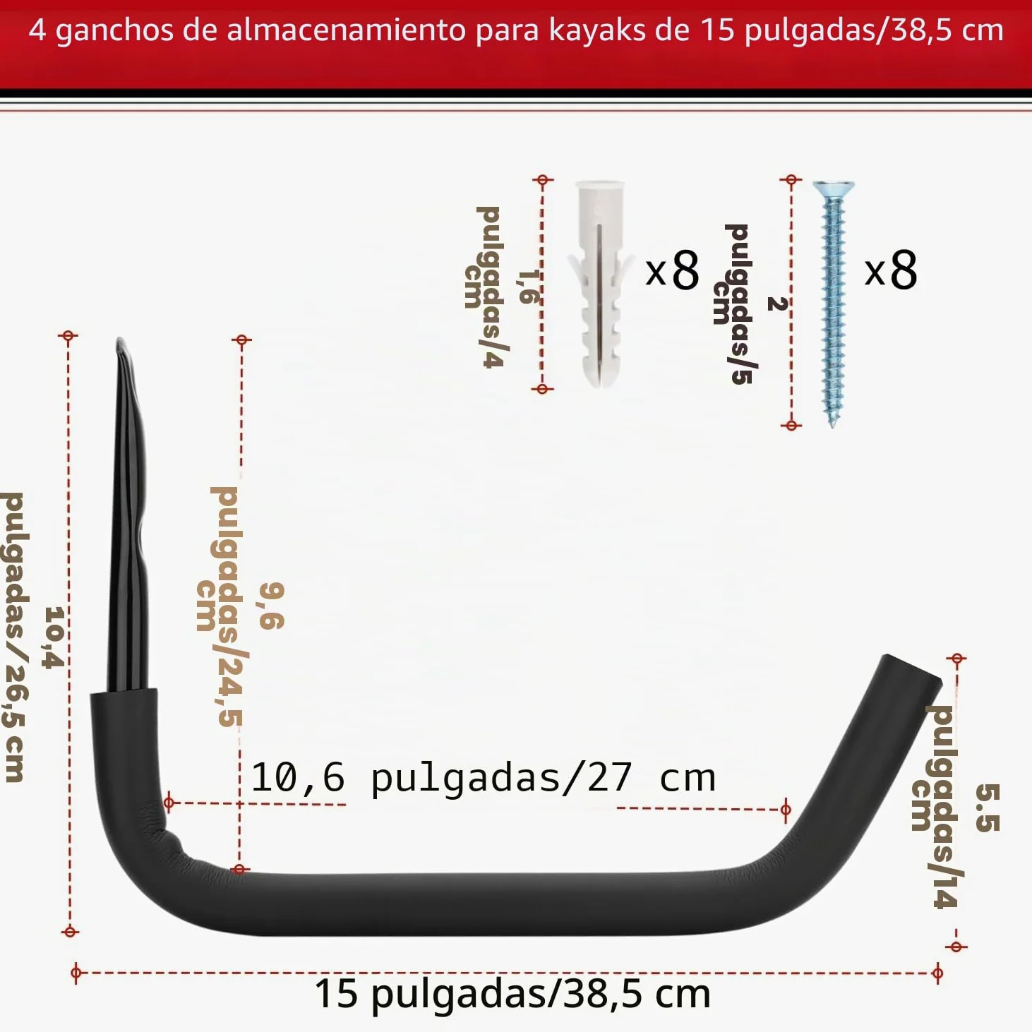 Ganchos de almacenamiento para kayak, 38,5 cm, resistente, para montar en la pared, para canoa, tabla de surf, tabla de esquí, escalera, sillas plegables, bicicletas y herramientas de jardín