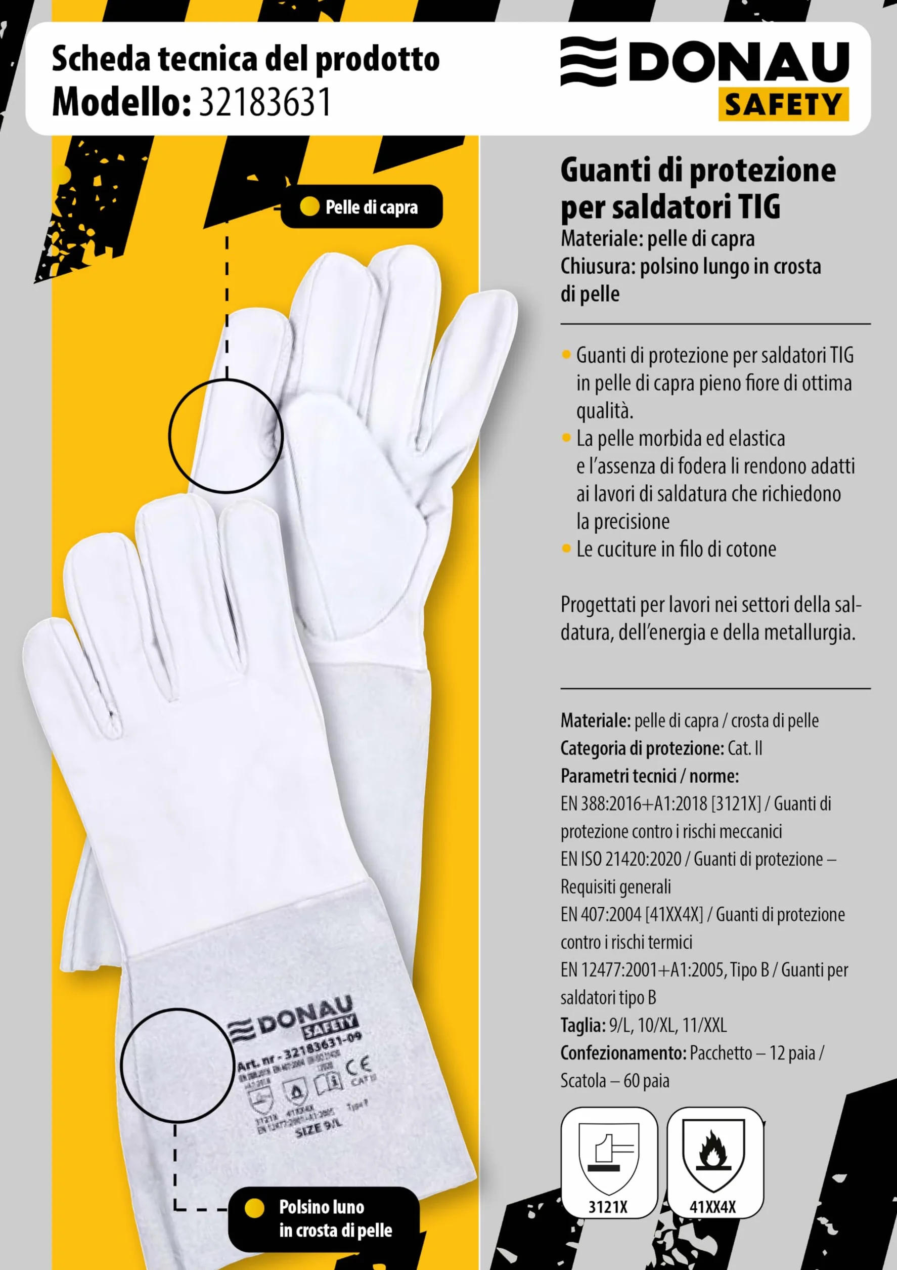 DONAU SAFETY Guante de soldador piel de cabra TIG talla 9 1 par