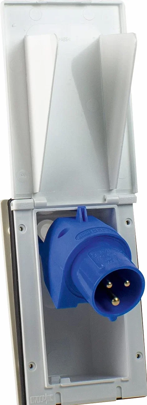 as - Schwabe -Enchufe para caravanas CEE 230 V / 16 A / 3 polos - Enchufe de superficie de 3 polos para exteriores con tapa abatible - IP44 - Hecho en Alemania - Blanco I 61463