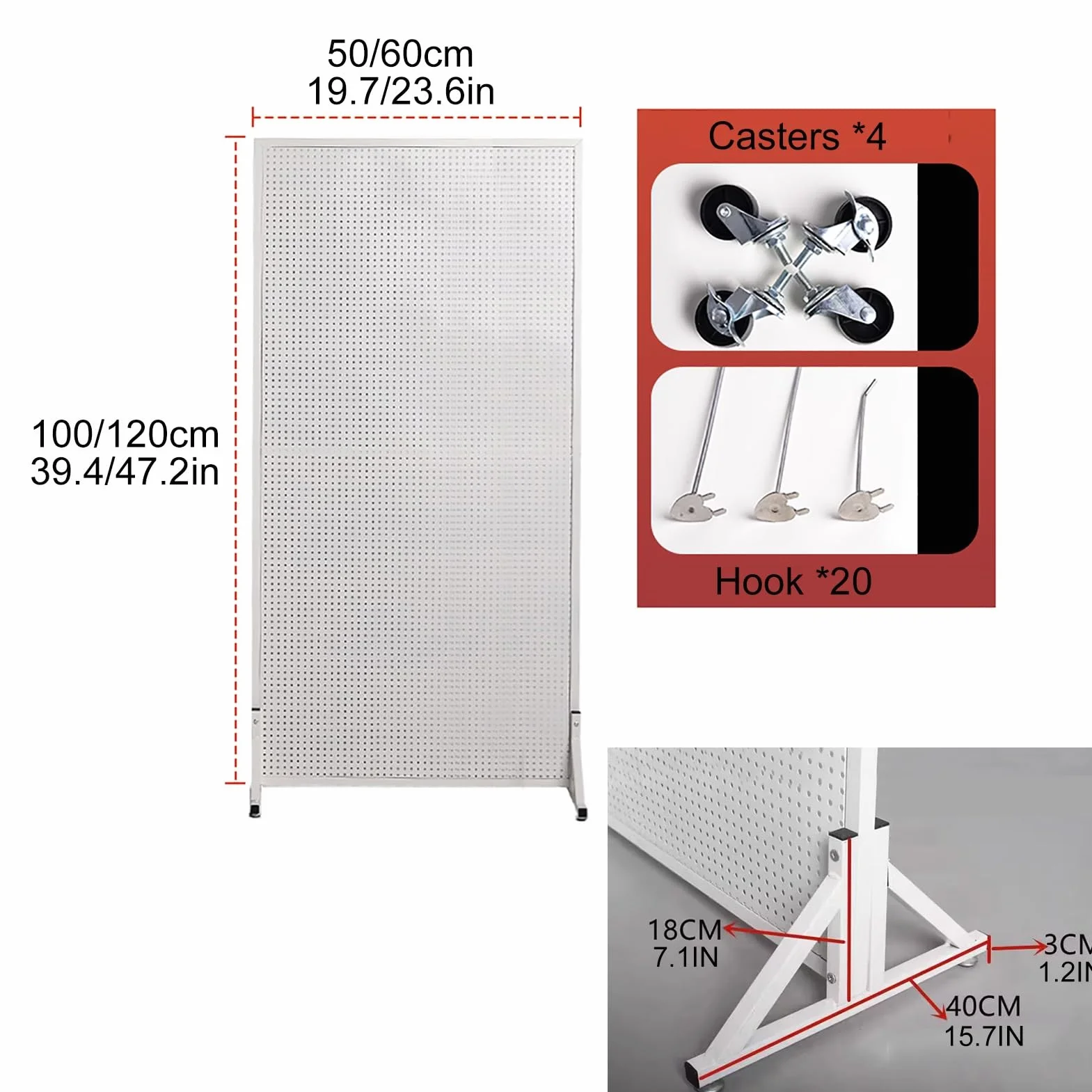 Tablero Perforado Metal con 20 Ganchos y Ruedas, Panel Perforado, Organizador Herramientas, Grande Panel Herramientas para Garaje, Cocina, Oficina, Juegos (Size : 60 * 120CM/23.6 * 47.2IN)
