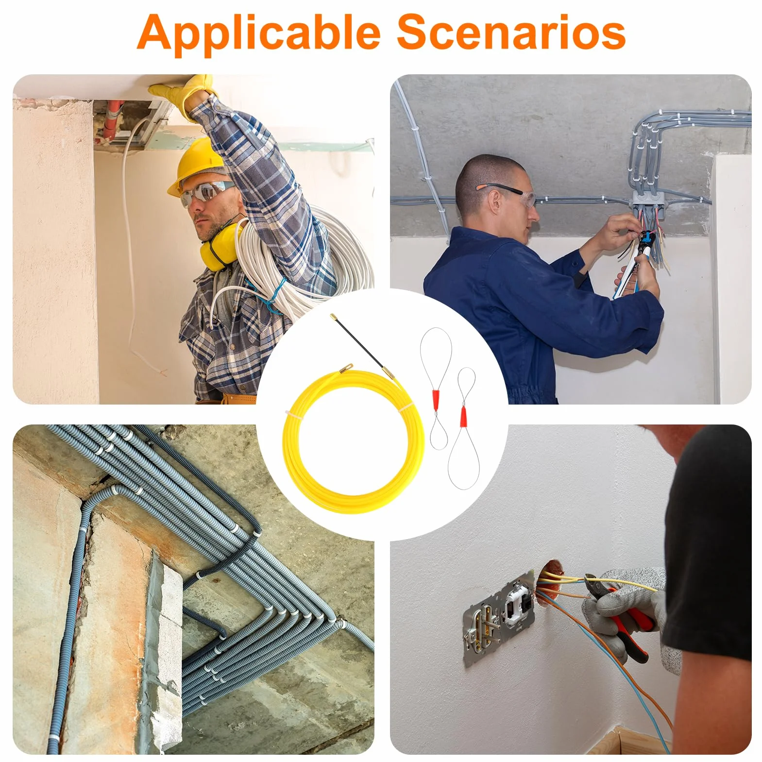 Sacacables eléctrico 10 m, aguja 4 mm, guía cable flexible para conductos paredes techos, instalación eléctrica