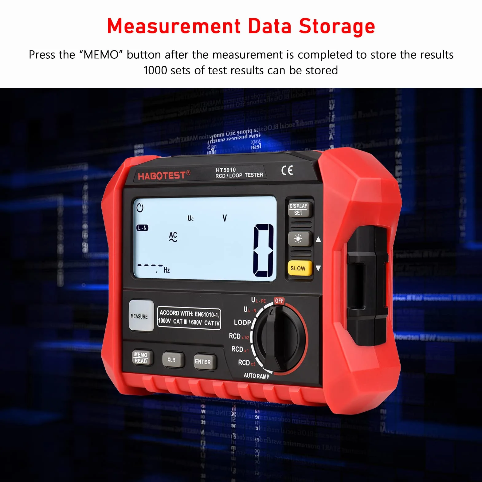 Irfora HT5910 Medidor de Resistencia Digital LCD 4,7 Pulgadas Probador de Interfaz a Tierra RCD Bucle 1000 Almacenamiento Datos Megohmímetro Voltímetro Retroiluminación