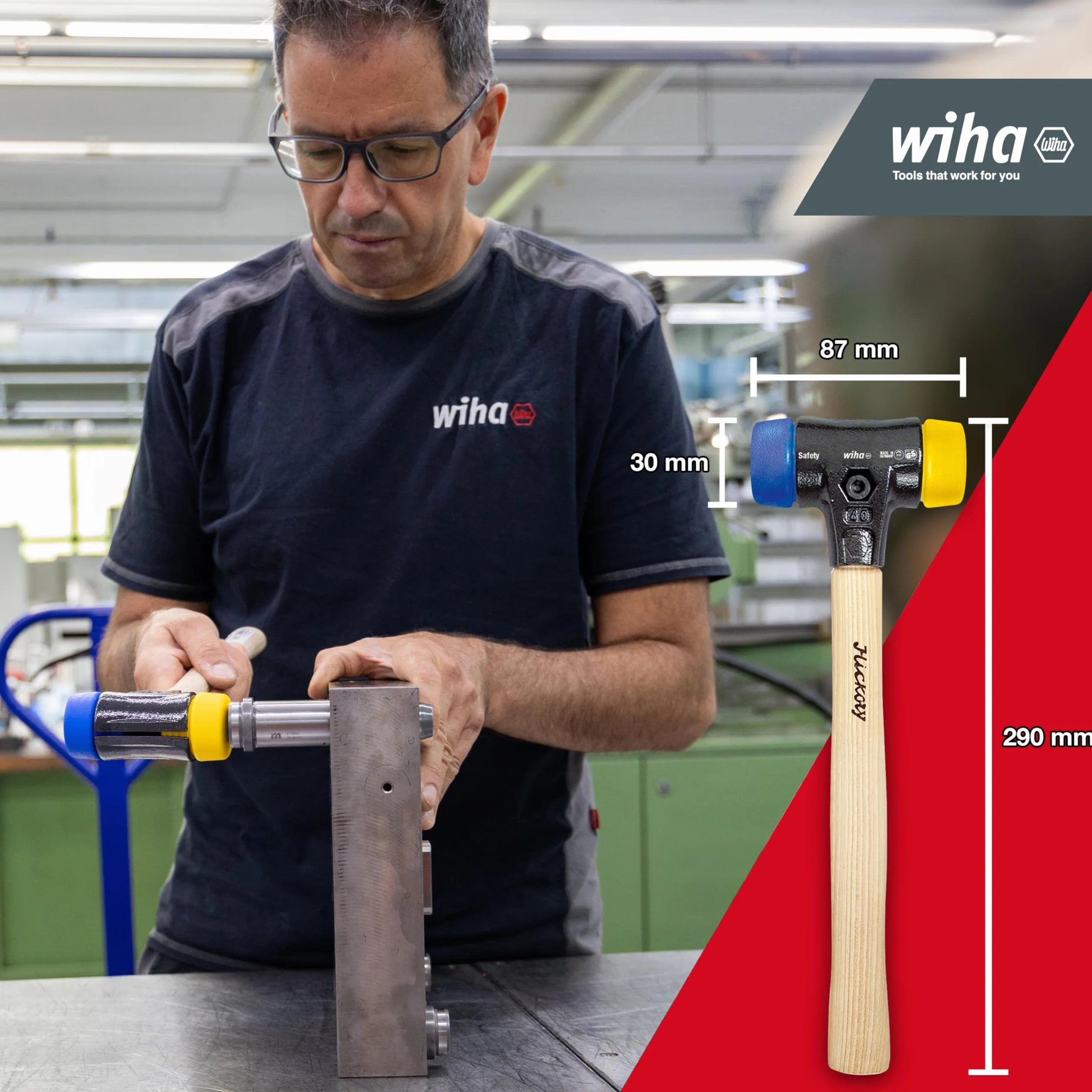 Wiha Martillo de cara blanda Safety blando/semiduro con mango de madera Hickory, cabezal redondo 30, 290 mm (26653)