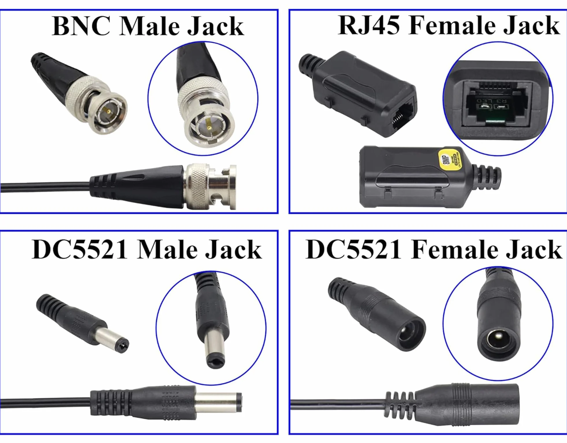 HD Video Balun BNC Macho a RJ45 Hembra Full HD RJ45 Hembra a BNC/DC Adaptador Cámara de Vigilancia Analógica Transceptor de Red para Todos los Equipos de Video (16.5 cm/4 pares)
