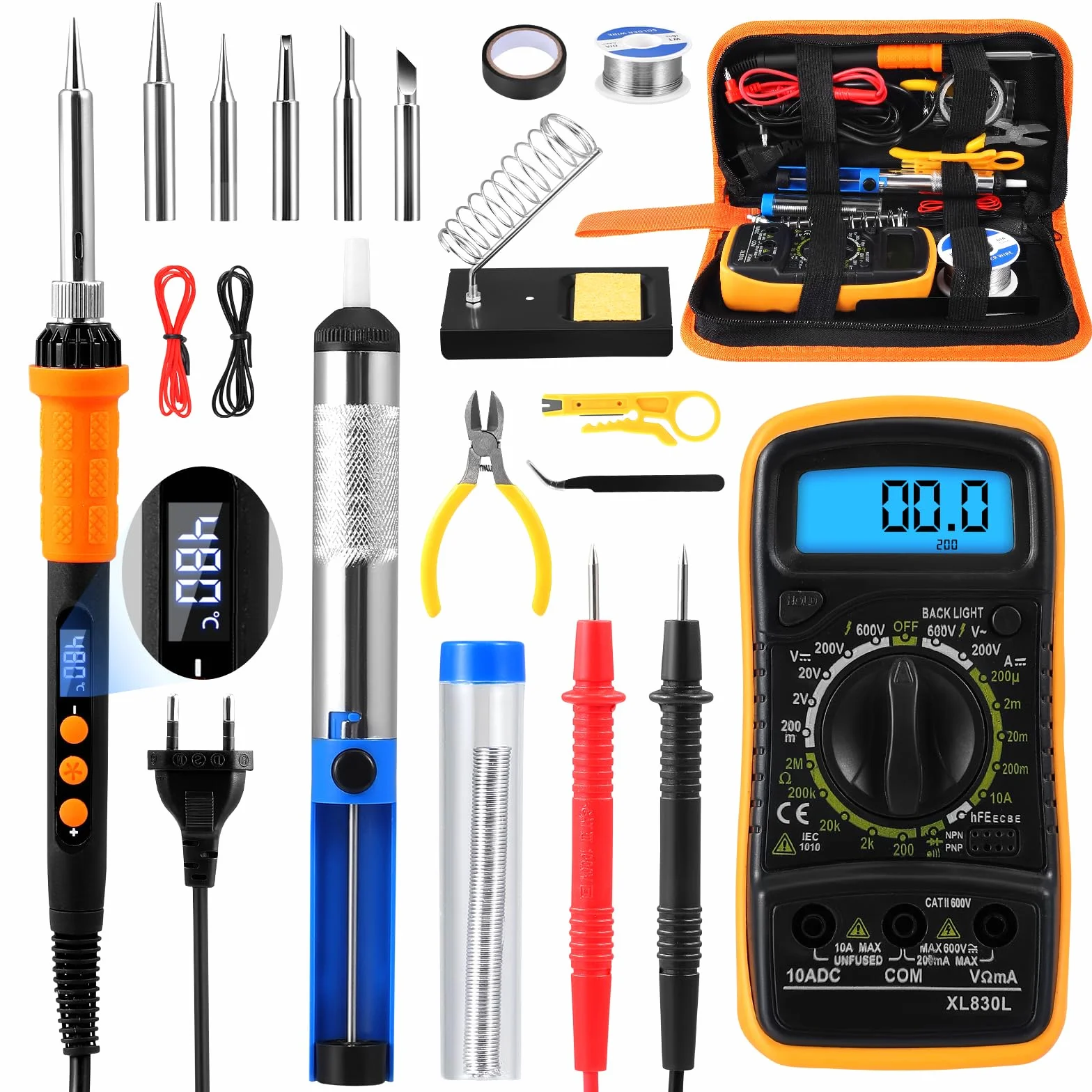 Set soldador estaño, 90W Kit Soldador de Estaño Eléctrica, 200-500°C temperatura ajustable, estación de soldadura con Puntas, Soporte, Pinzas Antiestáticas, multímetro digital para trabajos eléctricos