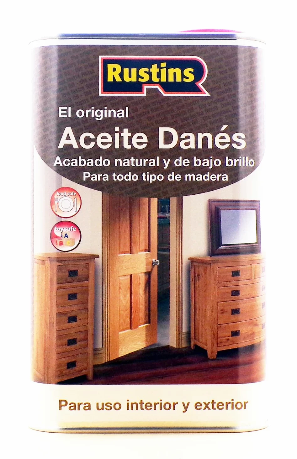 Rustins 1L Danish Oil - Aceite danés claro original para todo tipo de madera - exterior e interior - seguridad, comida y juguetes 12 à 14 m² | Todo tipo de madera, Seguridad alimentaria, Seguridad juguetes, Cubre 14 m²