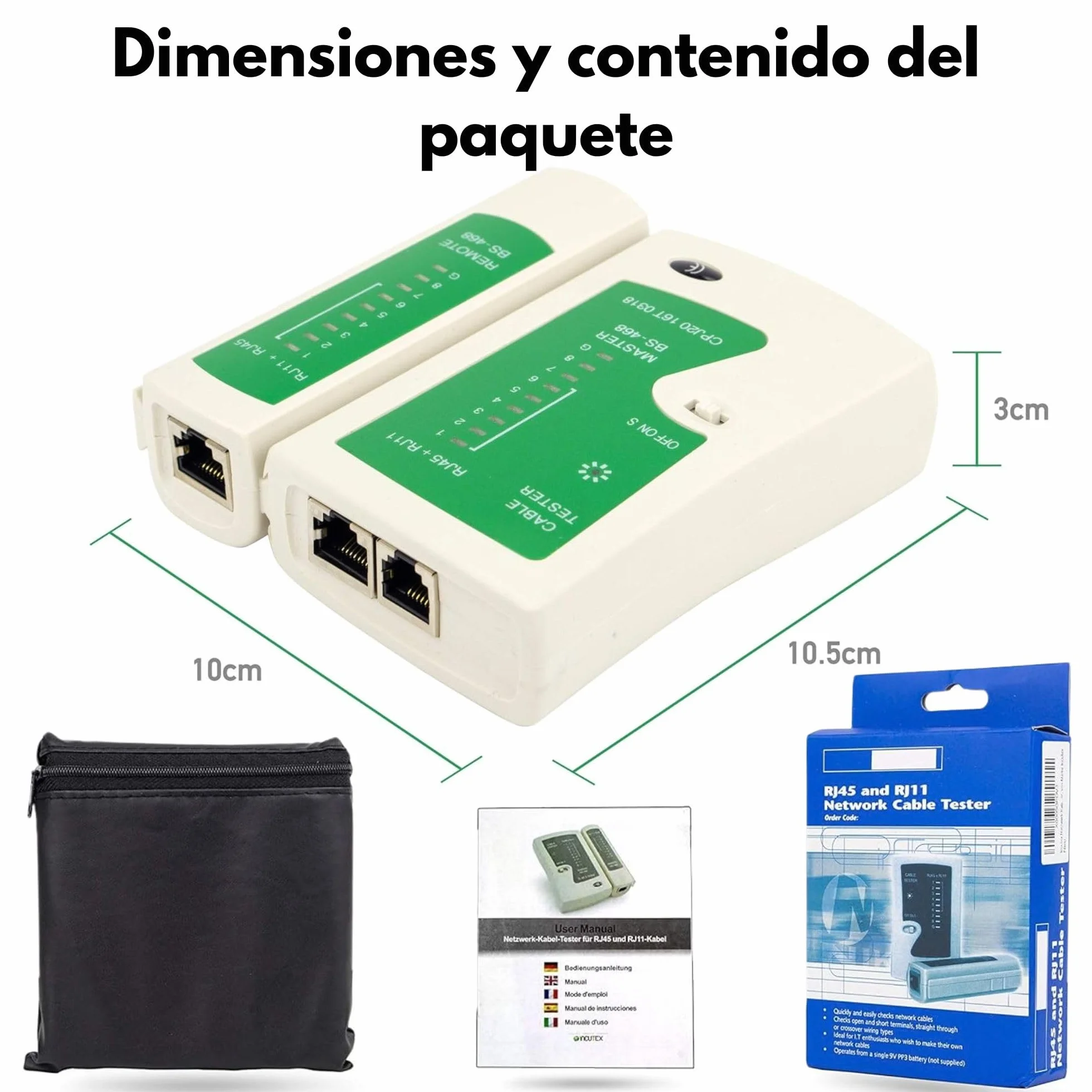 Incutex Comprobador de Cable RJ45 RJ11 Ethernet LAN Cat5 Cat6 Localizador, Kit Probador, Blanco-Verde