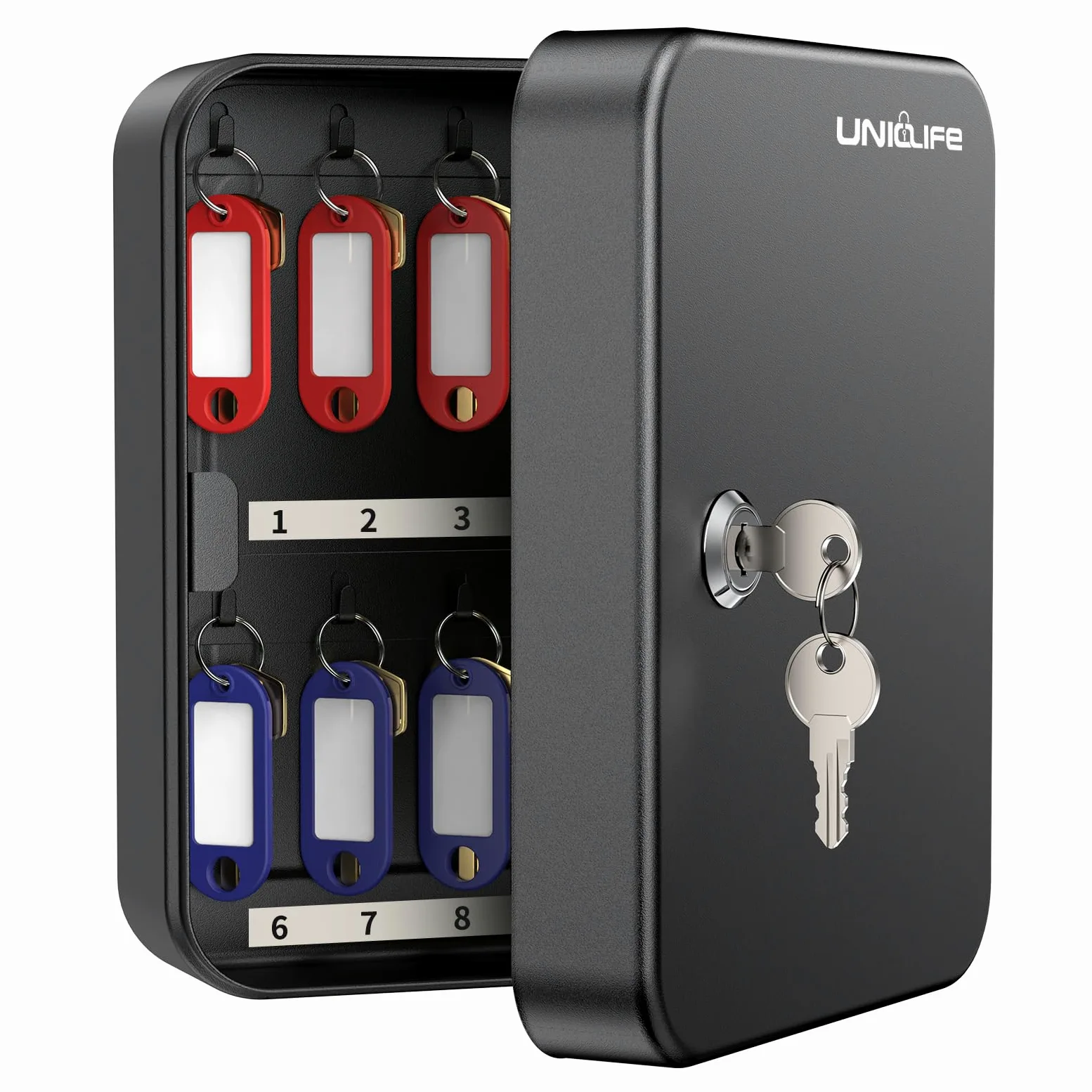 Uniclife Armario para llaves de 20 posiciones con cerradura de llave, montado en la pared, caja de almacenamiento de seguridad negra, organizador de llaves de acero con etiquetas coloridas para