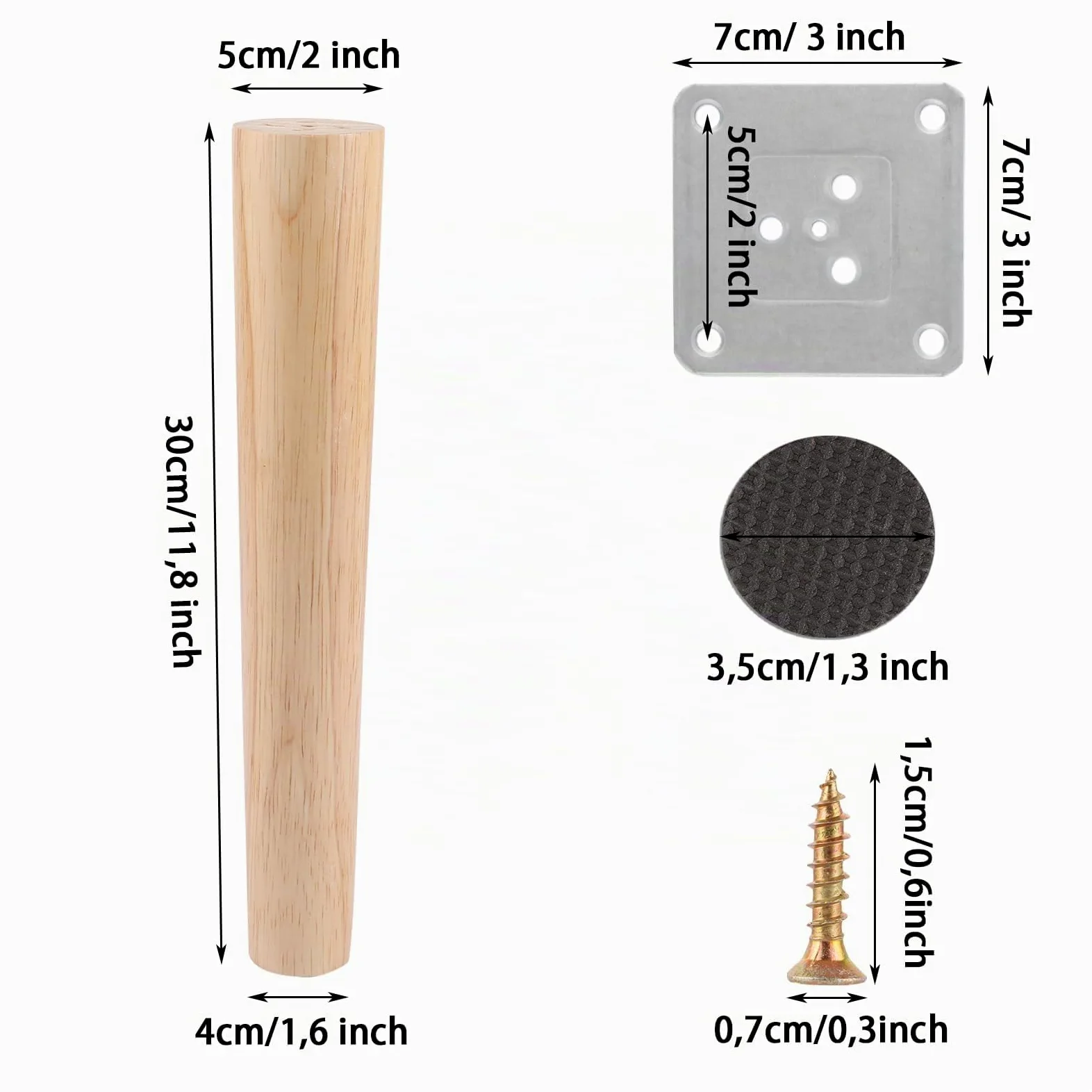 AKOLAFE 4 patas para muebles de madera de roble, 30 cm, patas de madera robustas, patas de muebles redondas, con placas de montaje y tornillos, para cama, armario, silla, mesa