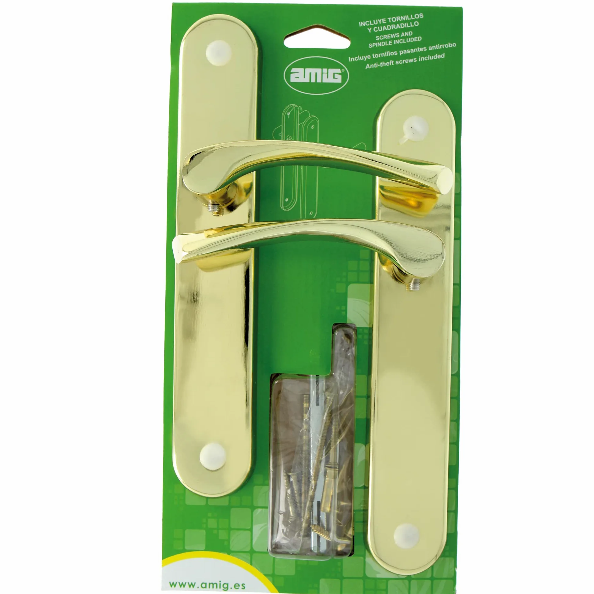 Amig - Juego de 2 Manillas de Placa Ovalada de Acero y Tirador de Zamak con Acabado Latonado Barnizado para Puertas de Paso de Interior - 237 x 40 mm · Manivela 120 mm - Incluye Tornillos