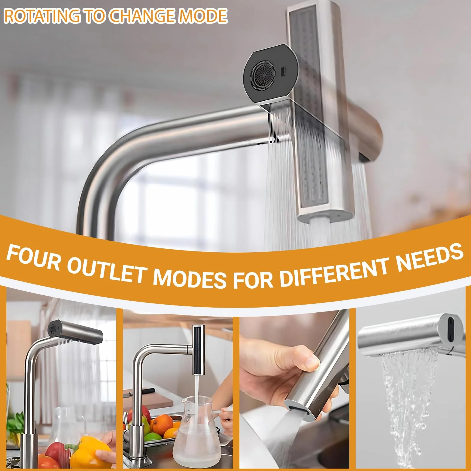 Grifo de Cocina con Cascada, Grifo Giratorio de Acero Inoxidable con 4 Modos de Chorro y Boquilla Extraíble