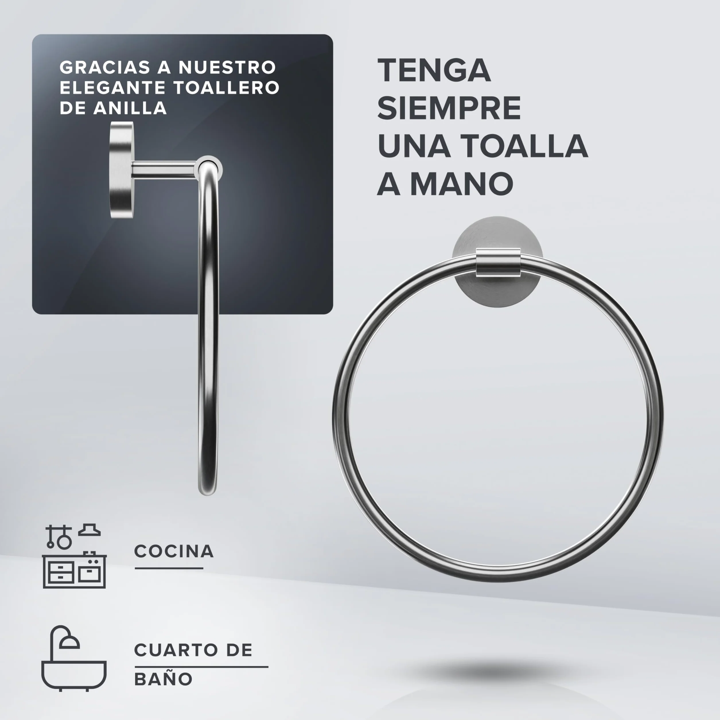 Ovimarin Anillo de toalla Rubjerg rectangular acero inoxidable plateado toallero para taladrar fijación en la pared baño