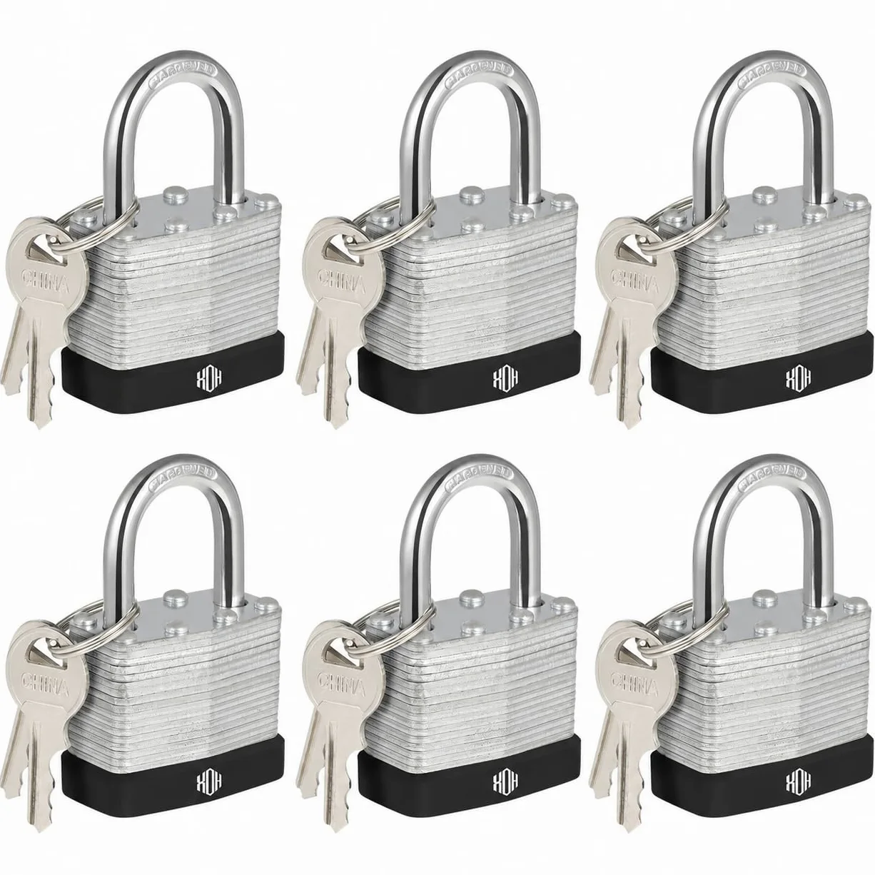 HOX Paquete de 6 candados con llave igual con grillete de 1.2 pulgadas, cuerpo de 1-9/16 pulgadas de ancho, candado de grillete de caja de acero endurecido, cilindro de latón, para pestillo de