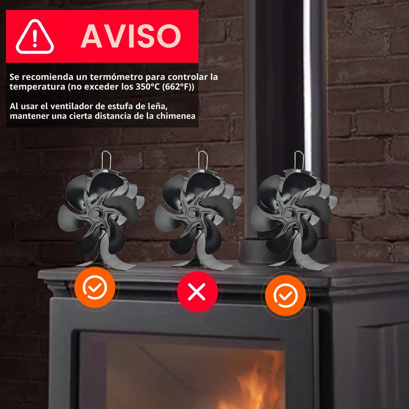 Ventilador Poele de madera,Ventilador de Poele de 6 hojas, Ventilador de estufa de leña Ecológico y de bajo consumo de energía, Funcionamiento silencioso
