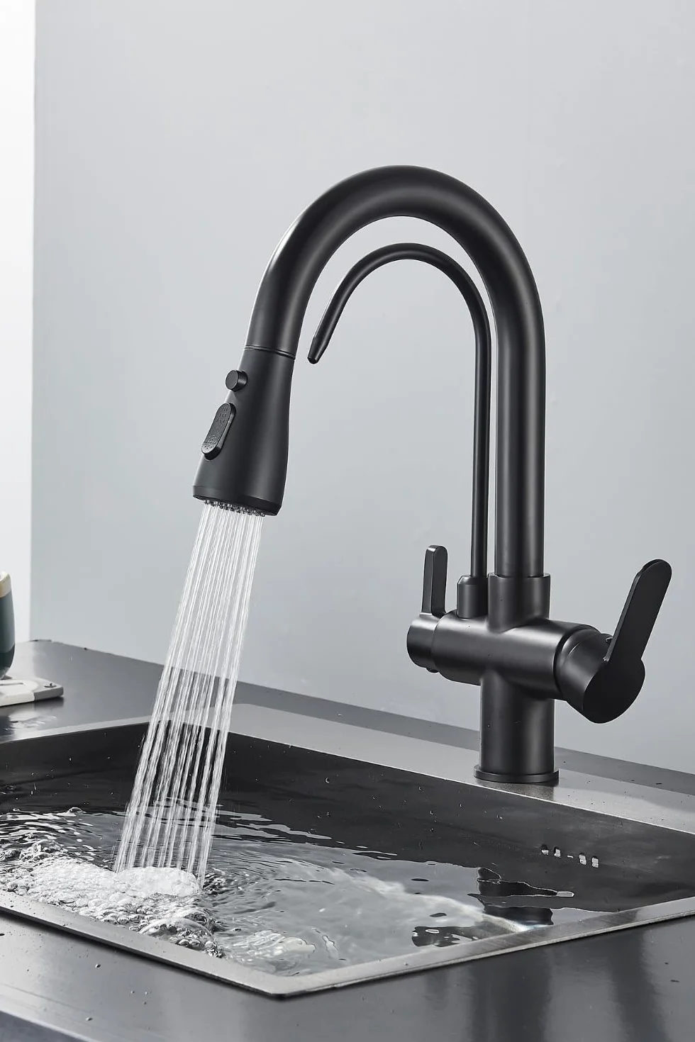 Grifo de cocina 3 vías Nordic negro mate con conexión filtro agua, manguera extraíble, giratorio 360°