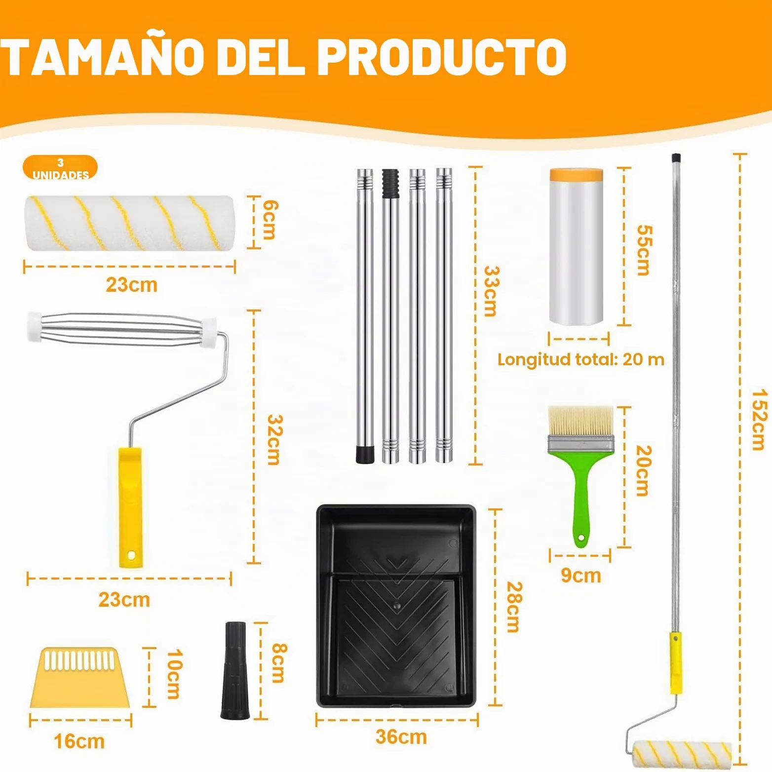 Kit Rodillo Pintura Pared, Rodillo con Accesorios, 3 Piezas Paint Roller 22 cm, Mango Alargado Reforzado 152 cm, Brocha para Paredes, Techo, Brocha Pintor, Cubeta Pintura