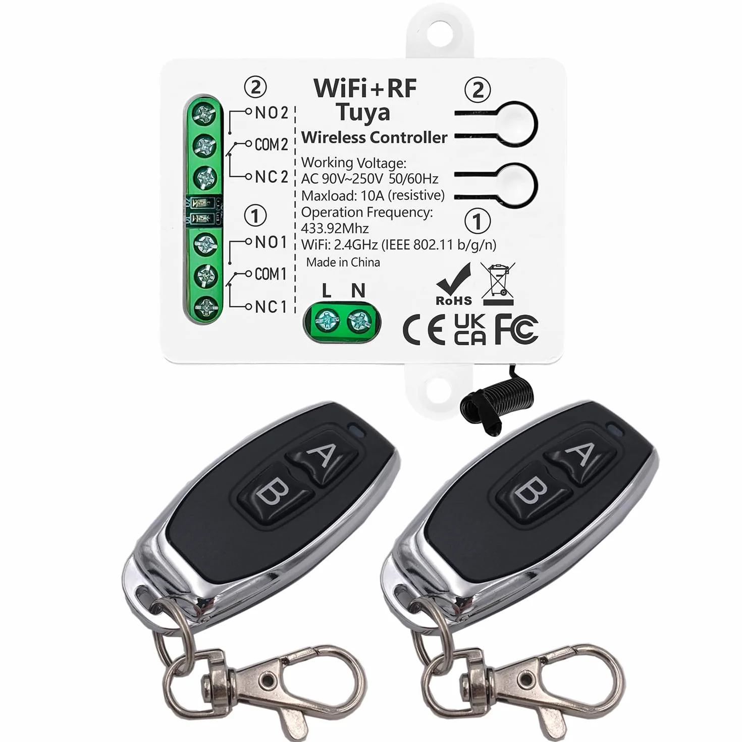 DieseRC Tuya Interruptor Inteligente WIFI de 2 Canales, Módulo Relé de Salida Pasiva AC 90V-250V 220V, con 2x Mando a Distancia RF, Compatible con Alexa/Google Home